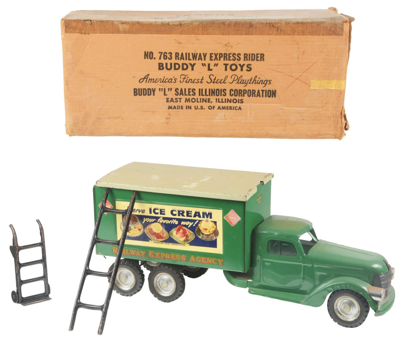 Buddy L No. 763 Railway Express Rider with Original: Minor scratching to roof of truck, otherwise excellent condition. Condition: (Excellent). Dimensions: Box: 23 - 1/4" x 9 - 3/4" x 7 - 1/4".