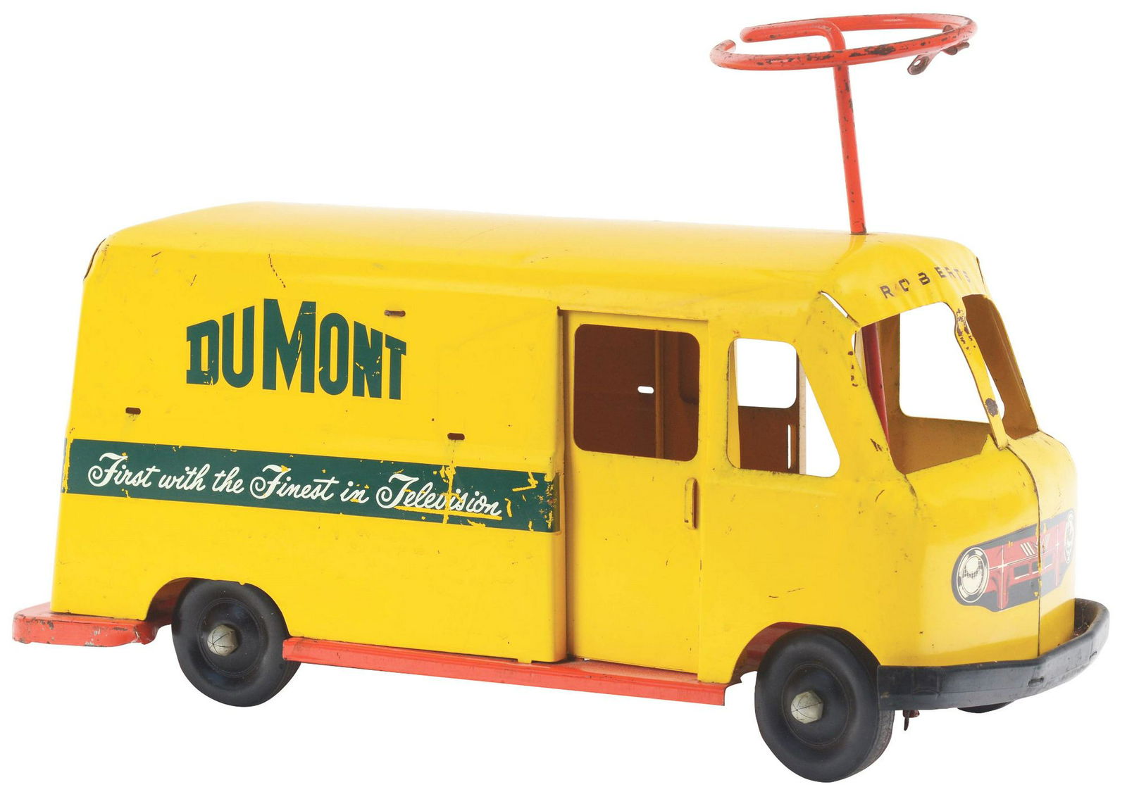 Pressed Steel Roberts Dumont Television Truck.: Ride on truck with steering wheel in front, decaled "DUMONT FIRST WITH THE FINEST IN TELEVISIONS" on both sides with decals, original sliding doors and rear door. Some chipping to decals and some gene