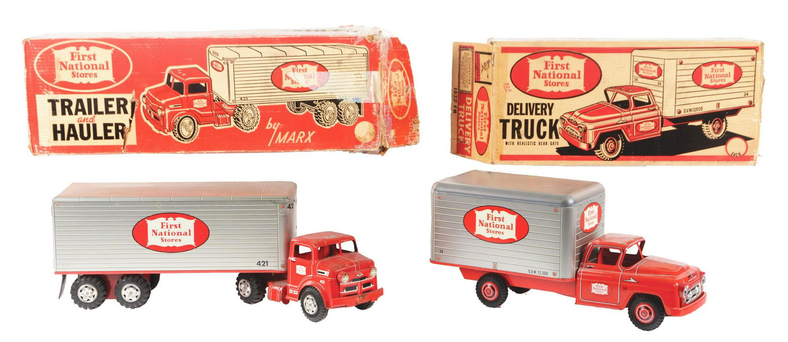 Lot of 2: Pressed Steel Marx First National Box Trucks. (1 of 2)
