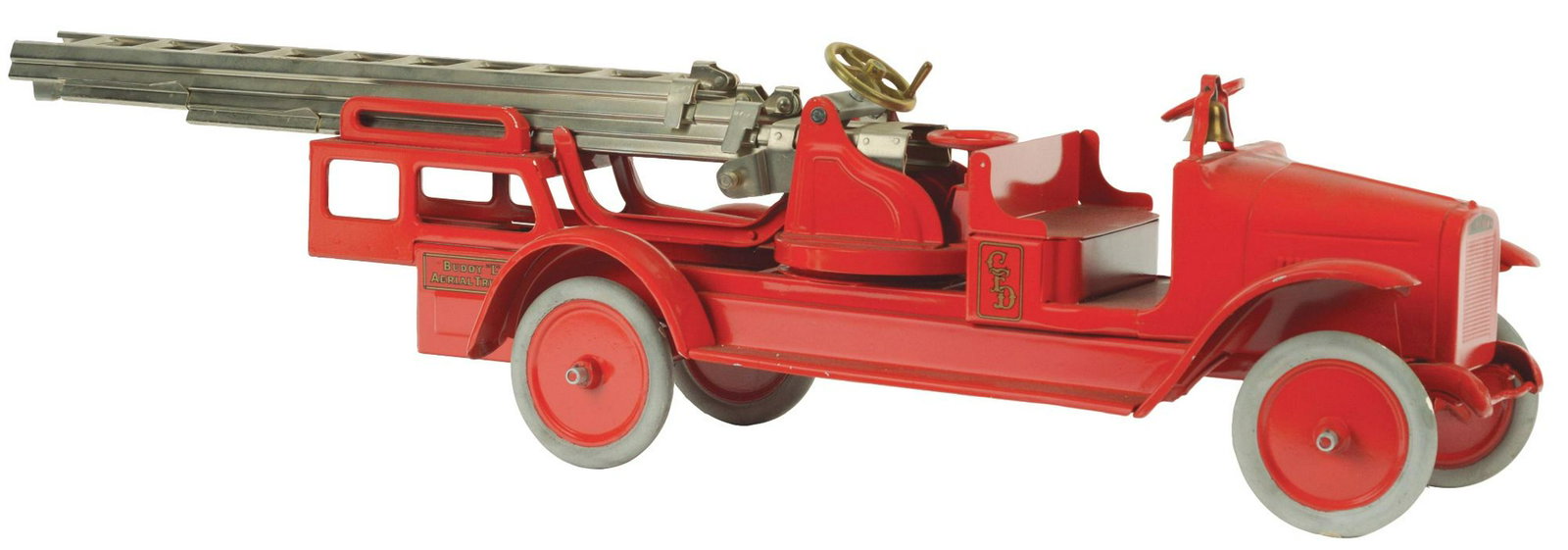 Pressed Steel Buddy L Brass Crank Aerial Ladder Truck.: Circa 1924. Complete restoration to an all-original truck. Condition: (Restored). Dimensions: 39" x 8 - 3/4" x 10".
