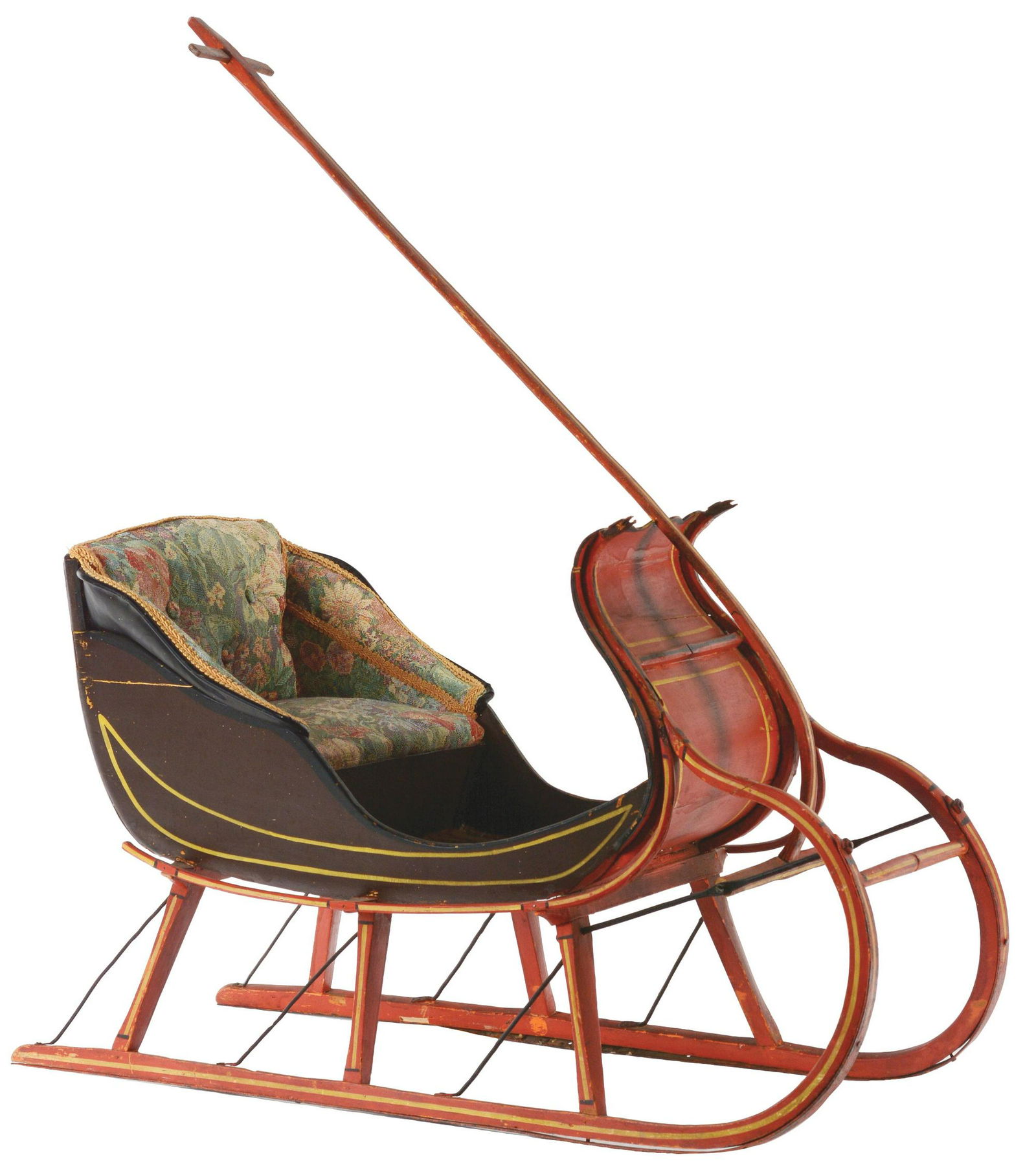 Vintage Hand-Painted Sleigh.: Sleigh has pull handles, is 33" long by 18" tall and 14" wide. Sleigh has minor wood loss and wood splits and fabric on chair has been replaced. Condition: (Excellent). Dimensions: 34" x 13 - 1/4" x 2