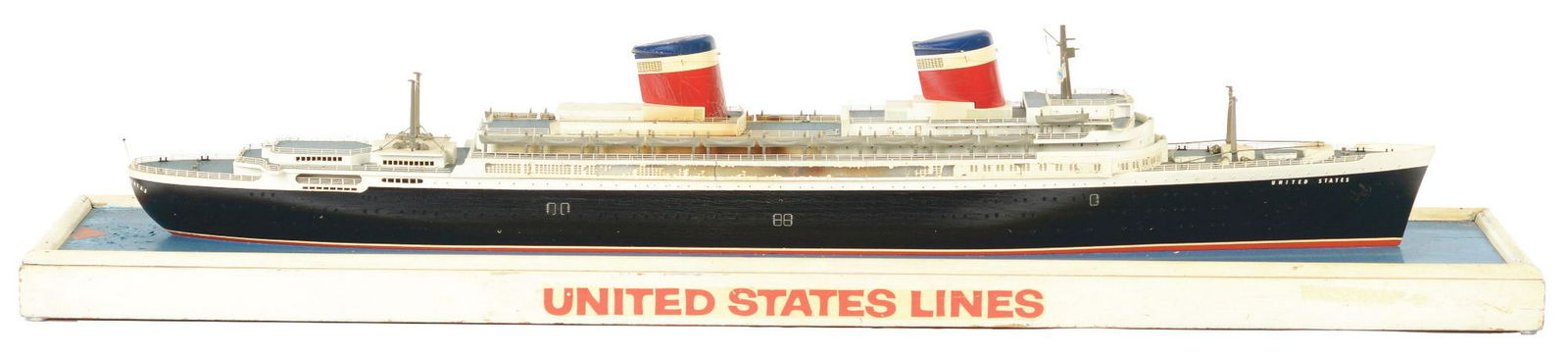 Wooden United States Lines Ship.: Wooden United States Lines Ship is on wooden stand, has paint crazing and paint losses. Boat is 42" long by 6" wide and 7" tall, base is 47" long. Condition: (Very Good). Dimensions: 47 - 1/2" x 10 -