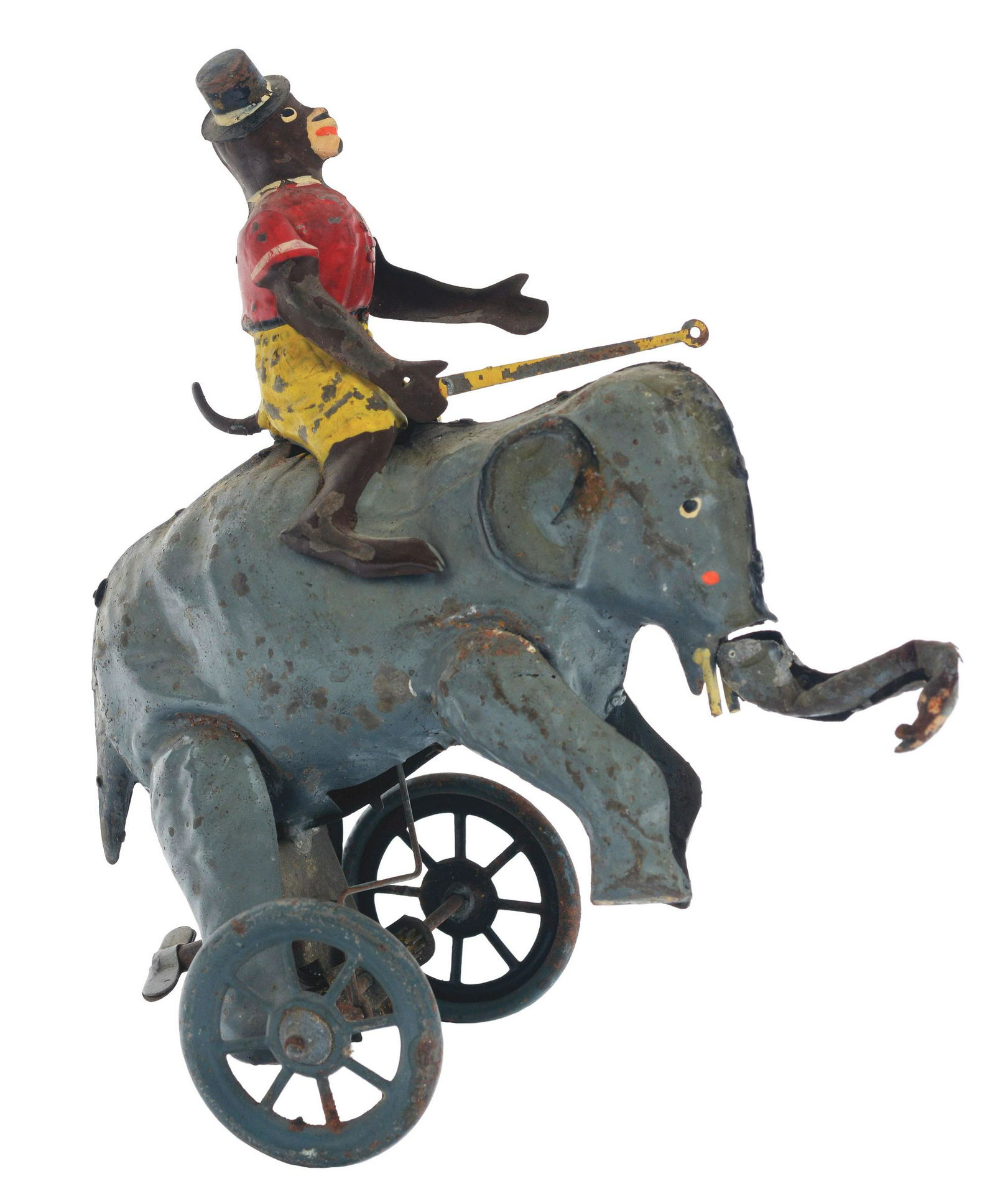 German Hand-Painted Wind-Up Monkey Riding Elephant Toy.: Nice original paint, monkey holds original stick in right hand, monkey also wearing hat. Elephant still has tusks, some oxidation and slight rust on wheels, some general, overall wear. Mechanism slips