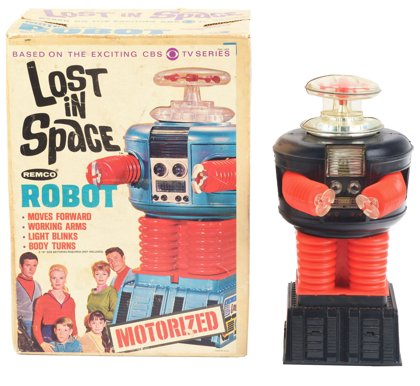 Lost In Space Battery-Operated Robot Toy in Original: Made by Remco. Dated on bottom 1966, also marked "SPACE PRODUCTIONS". Based on the popular 1960s TV show "Lost in Space", nice paper label showing Robinson family on front and robot. Box is complete b