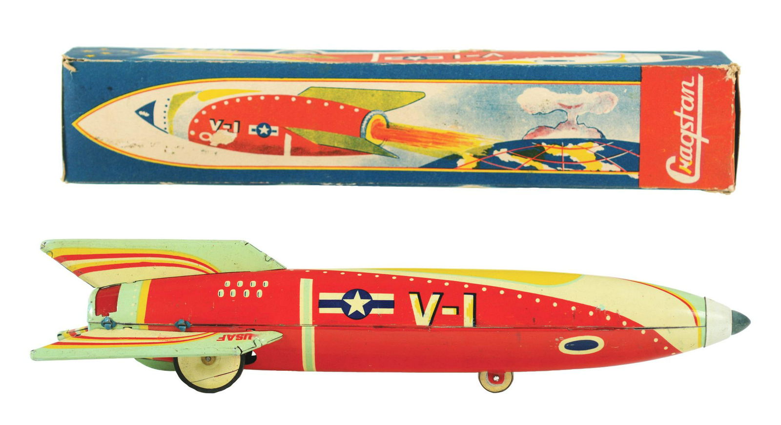 Scarce Japanese Tin-Litho V-1 Rocket Toy. (1 of 2)