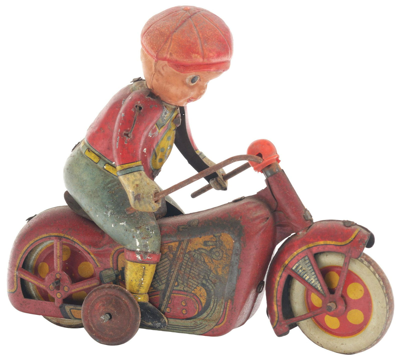 Scarce Pre-War Japanese Tin-Litho & Celluloid: Nice lithography of motorcycle engine on both sides, all tin litho including driver, driver's head is celluloid. Does have some wear and oxidation throughout but looks like it might clean to a better 