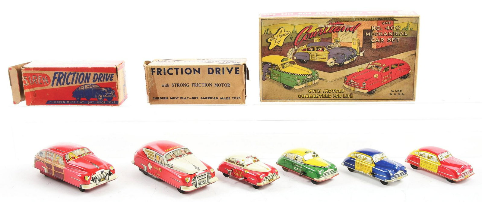 Lot of 3: Tin-Litho, Friction & Wind-Up Cortland &: Lot consists of: first, an extremely scarce No. 400 Cortland Mechanical Car Set, original box with insert, beautiful lithography on lid, marked "AND GUARANTEED FOR LIFE BY THE CORTLAND COMPANY". It ha