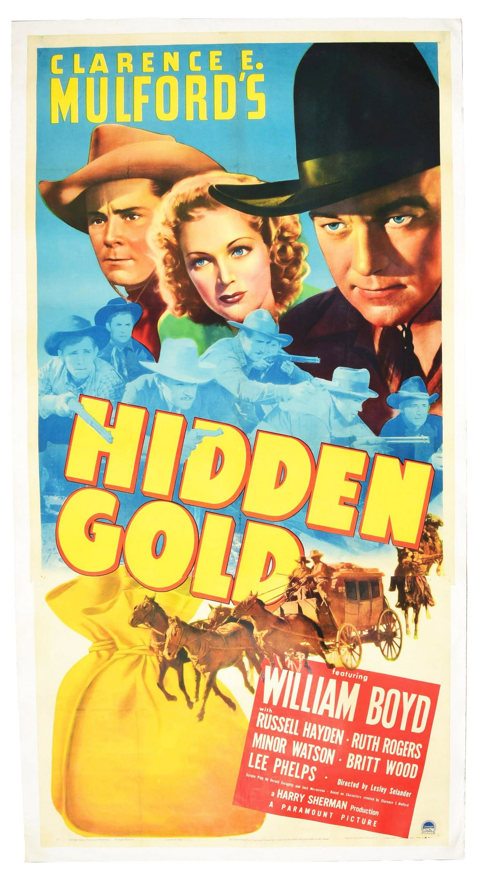 Scarce William Boyd Hopalong Cassidy Movie Poster.: For the movie "Hidden Gold", copyright Paramount Pictures 1940 on the bottom. Nice depiction of a stagecoach being pulled by a team of horses, a man riding shotgun on top next to the driver. Also show