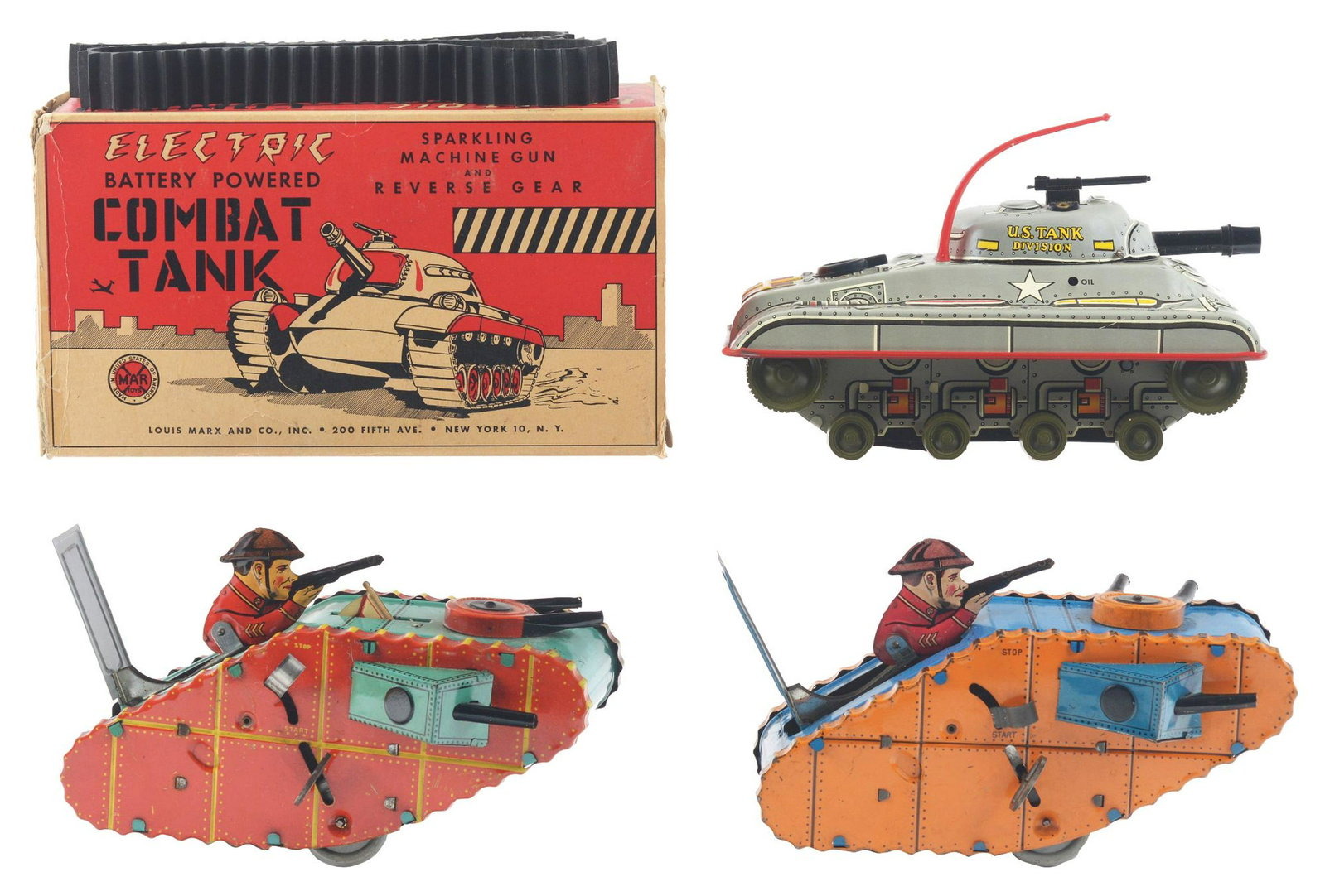 Lot of 3: Marx Tin-Litho & Plastic Wind-Up Tank Toys.: Lot consists of: first, a Post-War Tank in the original box, battery-operated combat type tank with inserts, looks unused but box does have some creasing and tape repair; and second, there are two Pre