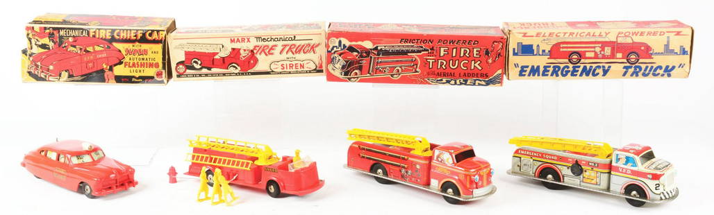 Lot of 4: Marx Tin-Litho & Plastic Fire Truck Related: All in original boxes. There is a friction-powered Fire Truck with aerial ladders, a wind-up Fire Truck with siren and plastic figures of firemen, a battery-operated Emergency Truck which is a fire la