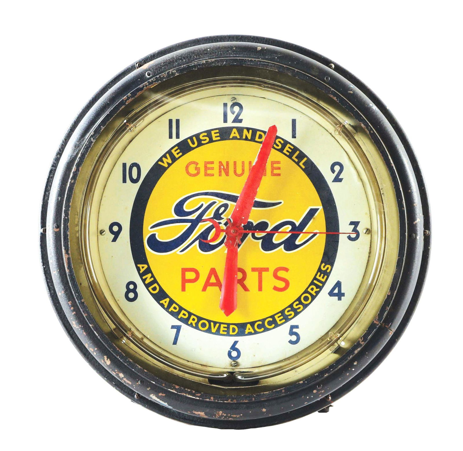Ford Genuine Parts Neon Clock.: A very nice example of this Neon Clock for Ford made by Neon Products. Clock is in working condition, and shows working white neon. The advertising face shows some minor wear in the paint, as well as