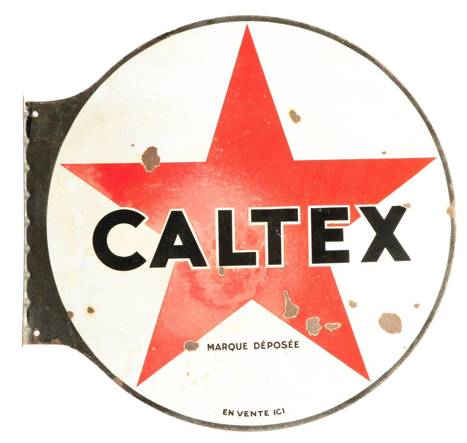 Texaco Caltex Motor Oil Porcelain Flange Sign.: DSP. A tough to find sign from Texaco Motor Oil. Sign shows fair color on both sides, with areas of chipping & low gloss throughout. Sign also shows some light staining, but overall a nice displaying 