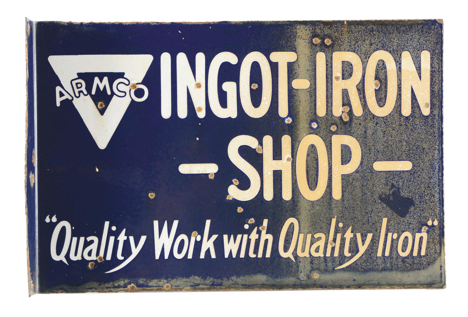 Ingot Iron Shop Porcelain Flange Sign.: DSP. A fair example of this sign. Each side shows chipping, as well as staining in the porcelain. The outer edge shows minor wear. Overall a nice looking sign. Sign is Maker Marked Baltimore Enamel. C