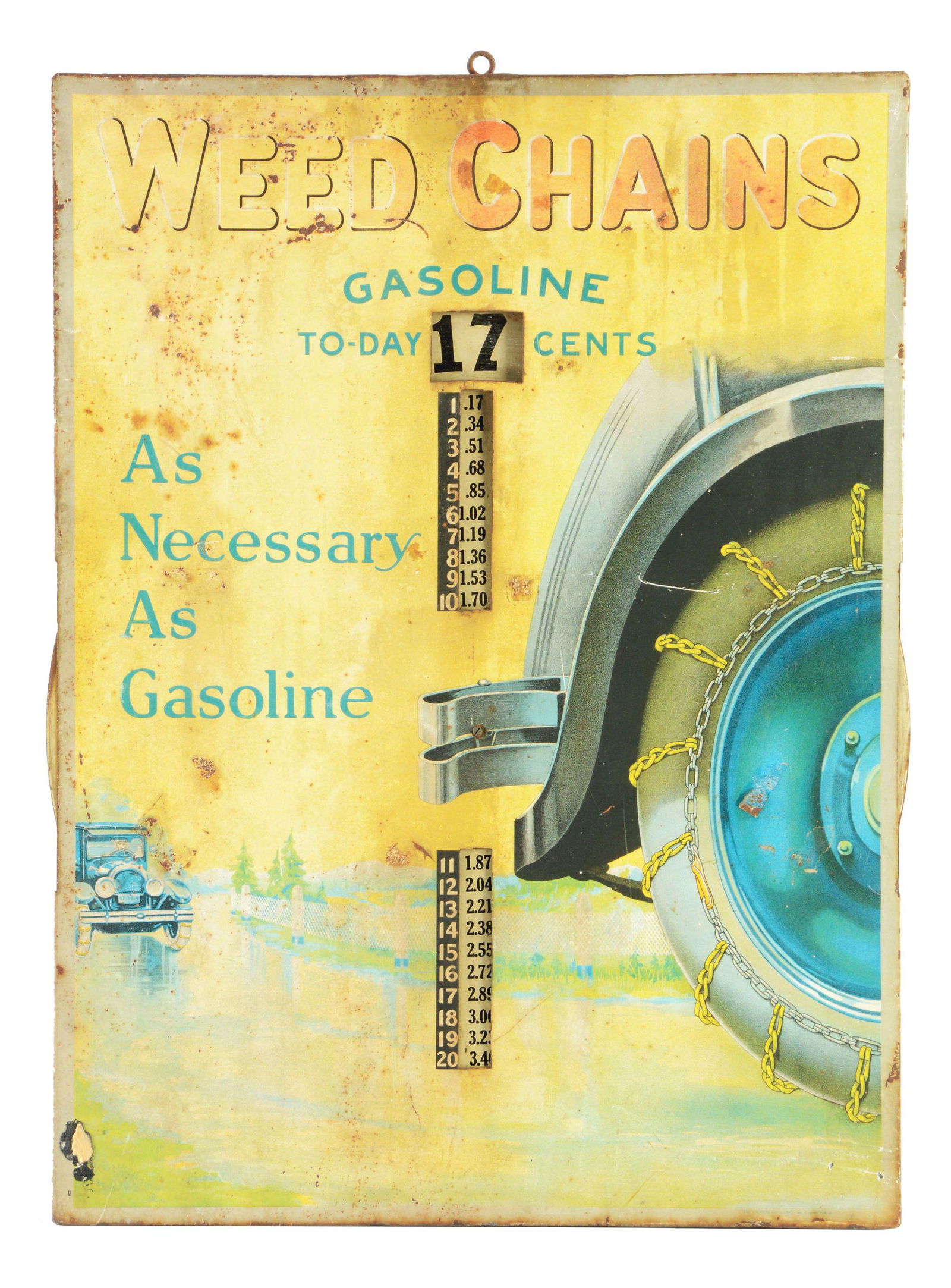 Weed Chains Tin Gasoline Pricer Sign W/ Original Wood (1 of 2)