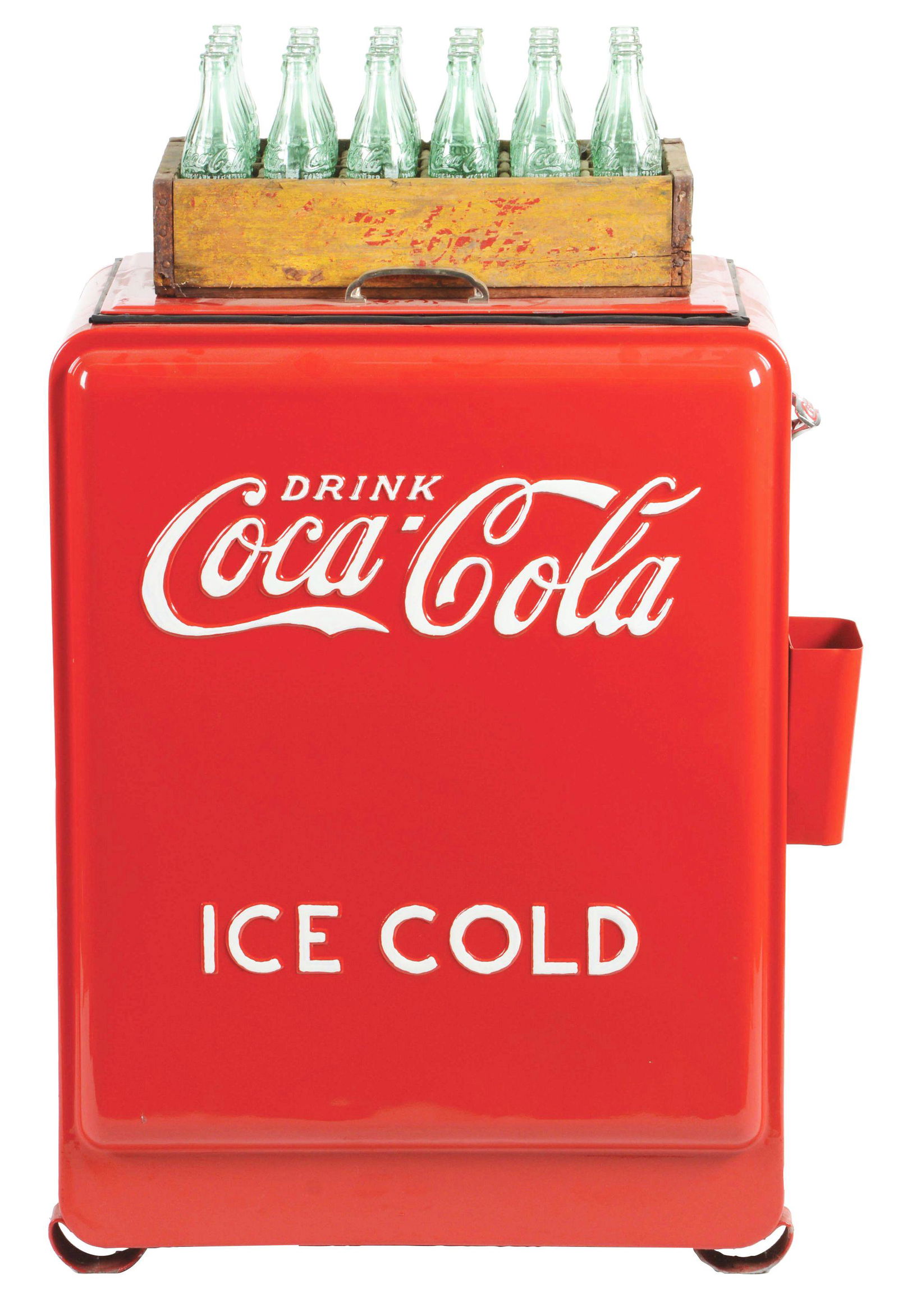 Drink Ice Cold Coca Cola Westinghouse Cooler W/ Bottles: Westinghouse Coca Cola Cooler shows a very nice restoration, with only minor wear in a couple of areas. Cooler comes with cap catcher, as well as two wooden advertising crates with glass bottles. A ni