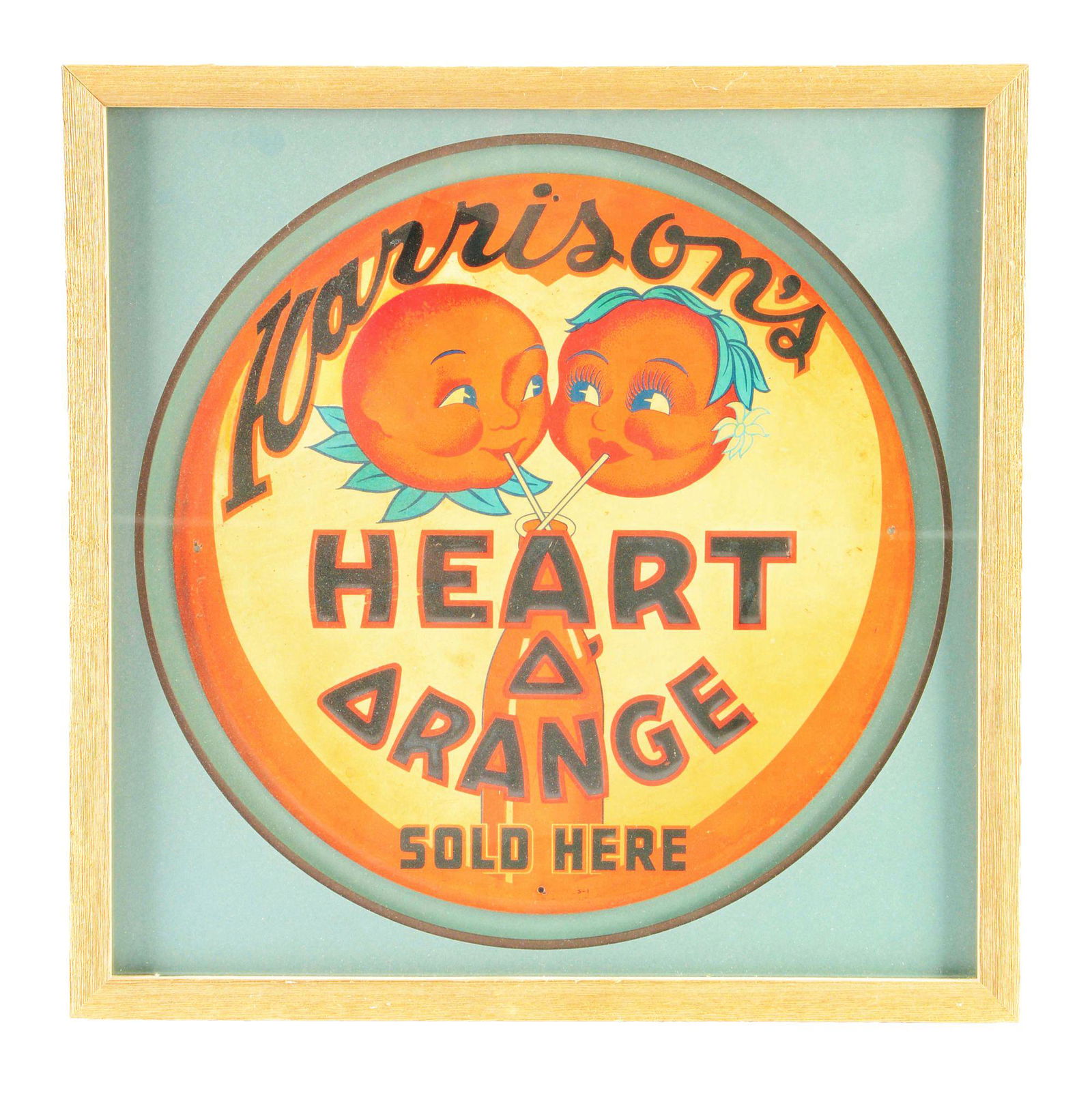 Harrisons Heart O' Orange Sold Here Embossed Tin Sign. (1 of 2)