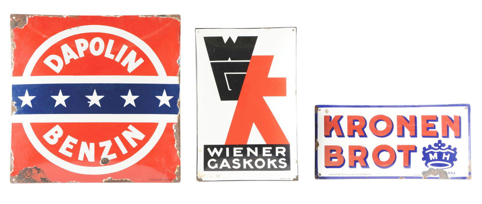 Lot Of 3: Convex Porcelain Foreign Signs.: Lot Consists Of: Wiener Gaskoks Porcelain Sign, Grade 8.5. Kronen Brot Porcelain Sign, Grade 7.75. Dapolin Benzin Porcelain Sign. 7.75. A nice group of porcelain convex signs. Condition: (Various). Di