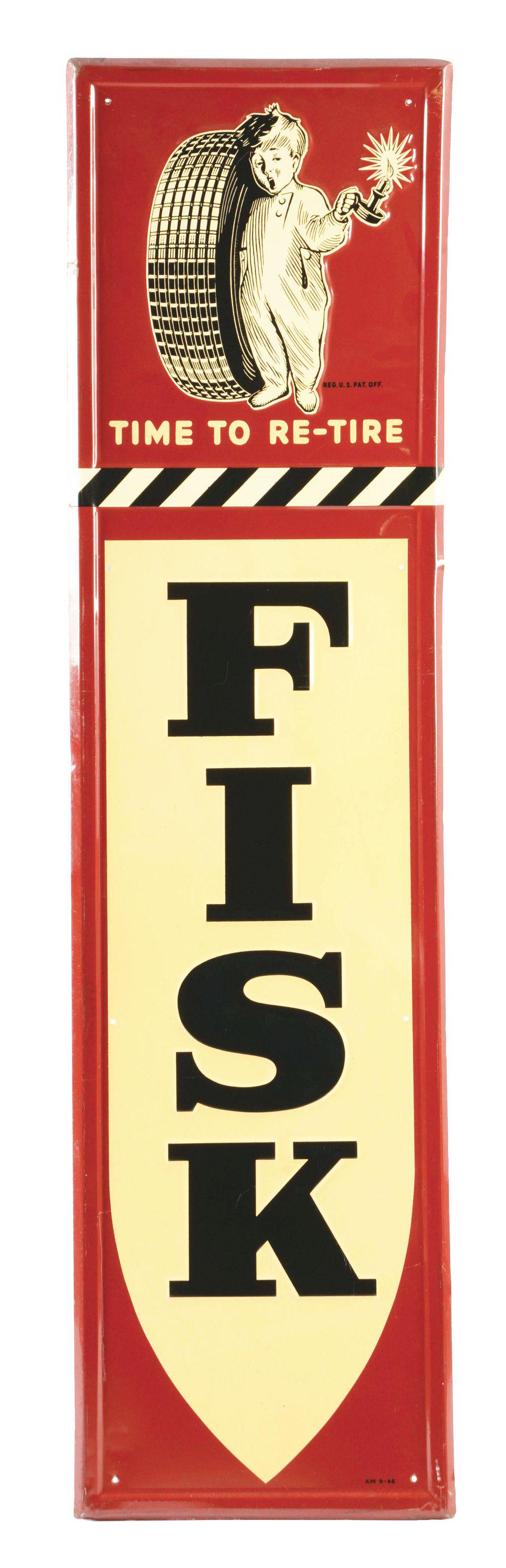Fisk Tires Embossed Tin Service Station Sign W/ Boy: SST. An excellent example of this sign from Fisk Tires. Sign shows excellent color & gloss throughout, with only a couple of light areas of wear along the outer self framed edge. A very hard to improv