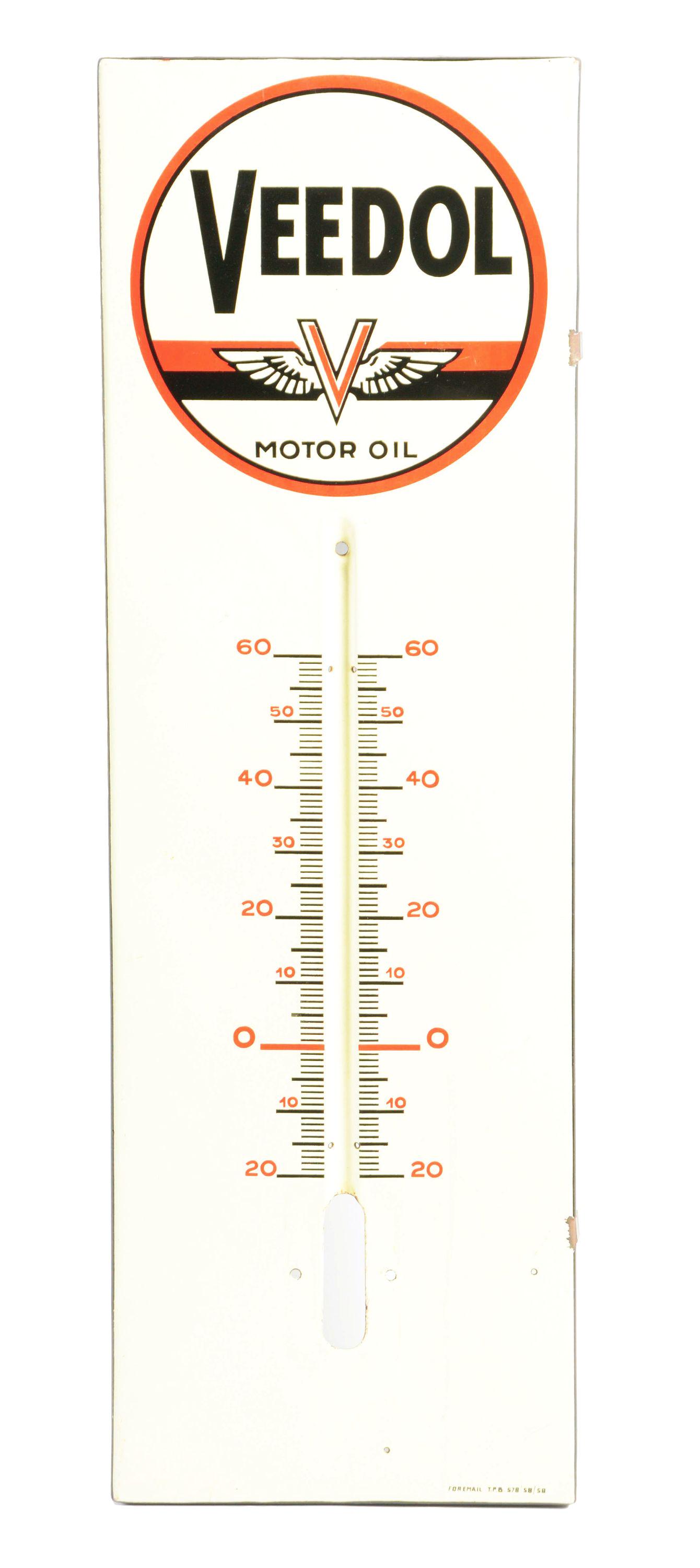 Veedol Motor Oil Porcelain Thermometer W/ Self Framed: SSP. An excellent example of this seldom seen thermometer from Veedol Motor Oil. Porcelain face is in excellent condition, showing excellent color & gloss, with no chipping in the field. At the right