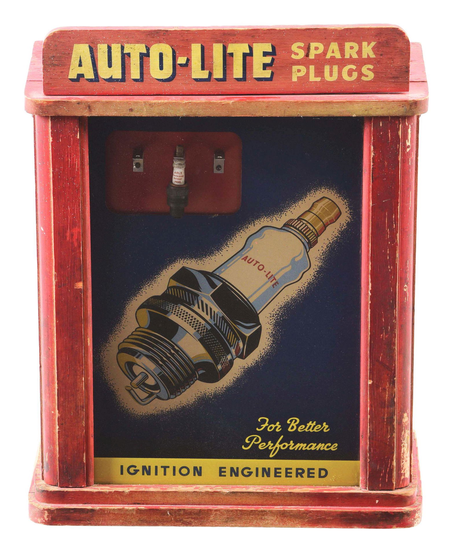 Auto Lite Spark Plugs Wood & Glass Store Display: A very unique piece of advertising from Auto Lute Spark Plugs. This piece is a wooden cabinet with glass display face. The wood areas show moderate amounts of wear to the paint, but the wood is in ver