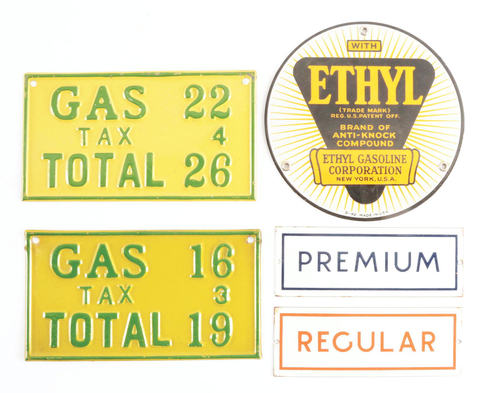 Lot Of 5: Tin & Porcelain Gas Pump Signs. (1 of 2)