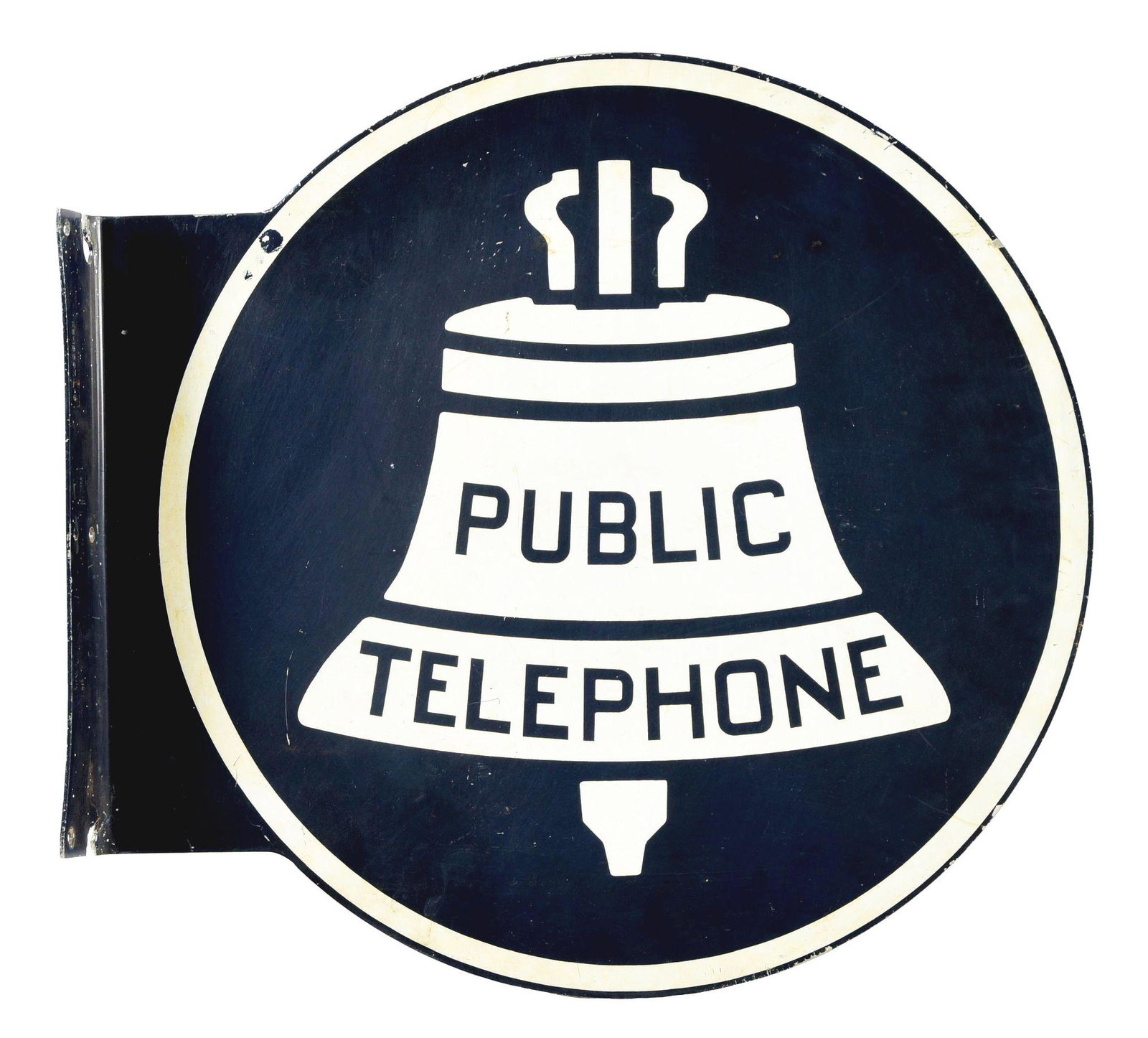 Large Public Telephone Tin Flange Sign.: DST. A nice example of this sign. Sign shows fair color, with areas of surface scratch and rubs throughout the field, but is free of any major wear. There is damage at two of the mounting holes, but o