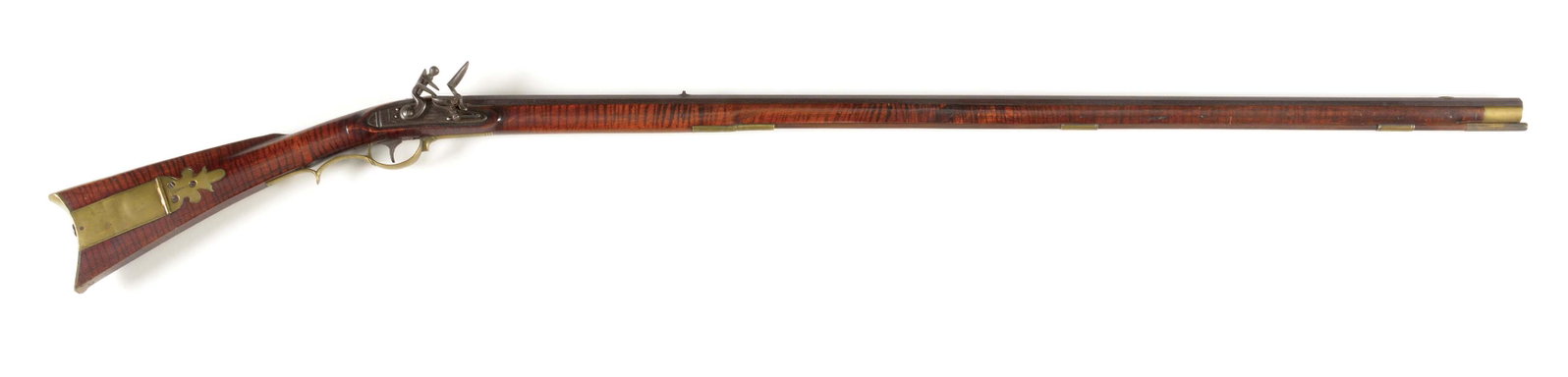(A) FULLSTOCK FLINTLOCK KENTUCKY RIFLE SIGNED JOHN: This classic Lehigh County longrifle has a full length octagonal barrel, signed "John Moll Jr" in script on the top flat towards the breech. Front sight is of brass and rear sight is centered on the b