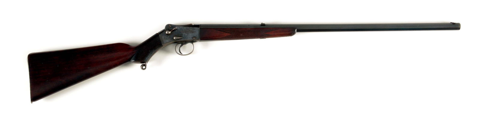 (A) ARMY & NAVY MARKED MARTINI-HENRY SINGLE SHOT RIFLE.: This rifle features the small Martini action with the Webley & Scott stamp along with Army & Navy CSL London stamp. The barrel is octagon with a full matted rib. Stocks are checkered walnut with pisto