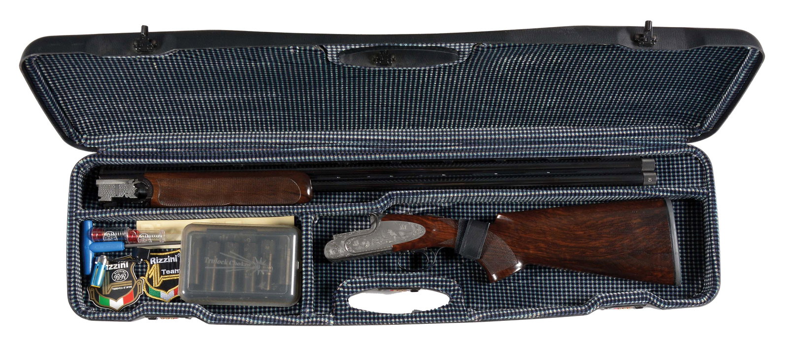 (M) RIZZINI "ARTEMIS DELUXE" OVER-UNDER SHOTGUN WITH: Made in 2003, this Artemis De Luxe Model has full length matted ventilated top rib with white front bead. Round nose forend with push button release is near fully checkered with diamond at center with