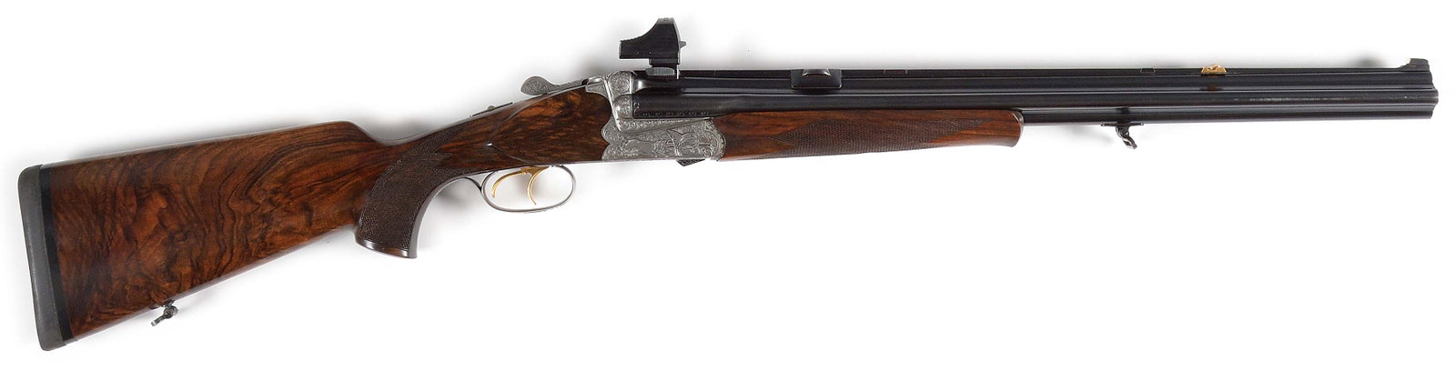 (M) UNUSUAL SIDE BY SIDE RIFLE / OVER-UNDER SHOTGUN: (1993?) 23 - 3/4" Barrel set with side by side 9.3x74R rifle barrels and 20 gauge over under shotgun barrels is engraved "Waffen Juch - Grund Ferlach" on full length matted rib. Rib holds claw scope b