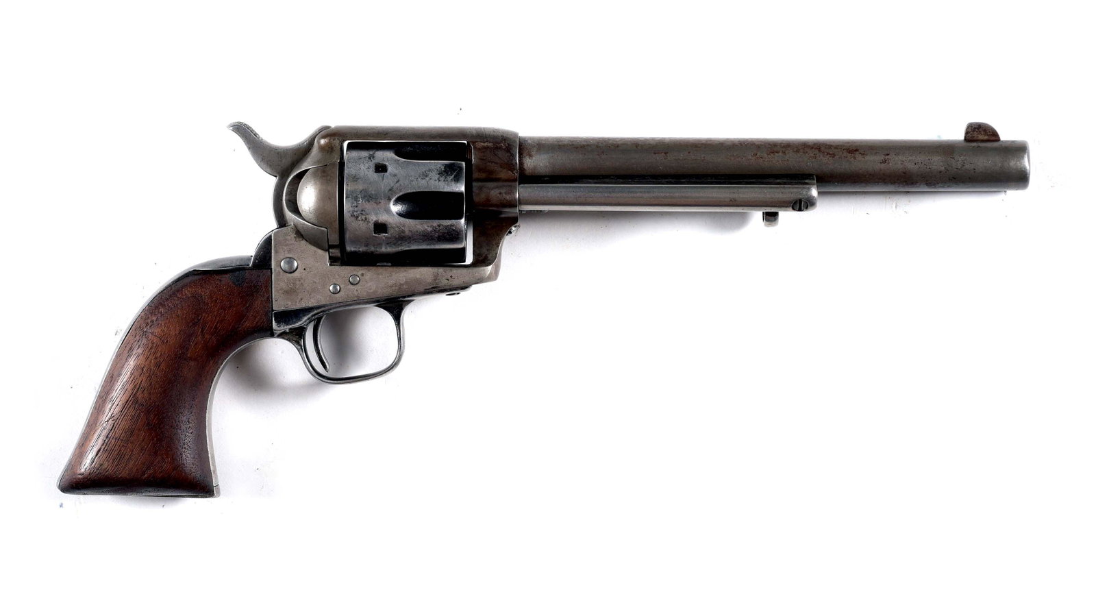 (A) AINSWORTH INSPECTED US COLT CAVALRY SINGLE ACTION: Standard US issue revolver with blue and case color with one piece walnut grips. Frame is stamped "US". All numbers matching including under the barrel and cylinder. Ainsworth inspector stamp on barre