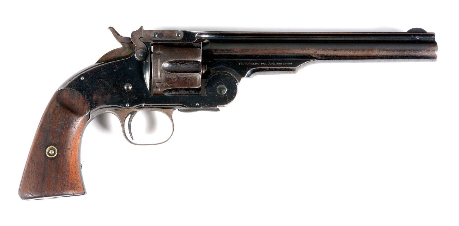 (A) HIGH CONDITION FIRST MODEL US SMITH AND WESSON: Manufactured for the US Army in 1875, only a bit over 3000 guns were made in this first series. They were all chambered for the .45 S&W cartridge, had 7" barrels, blue finish with case color hammer an