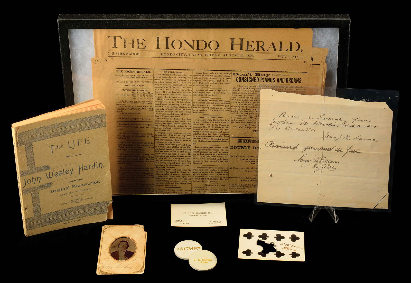 INCREDIBLE JOHN WESLEY HARDIN MEMORABILIA COLLECTION: John Wesley Hardin, known for his hair trigger temper, claimed to have killed 42 men when he was finally convicted of murder in Texas in 1878 and was sentenced to twenty-five years in prison. Records