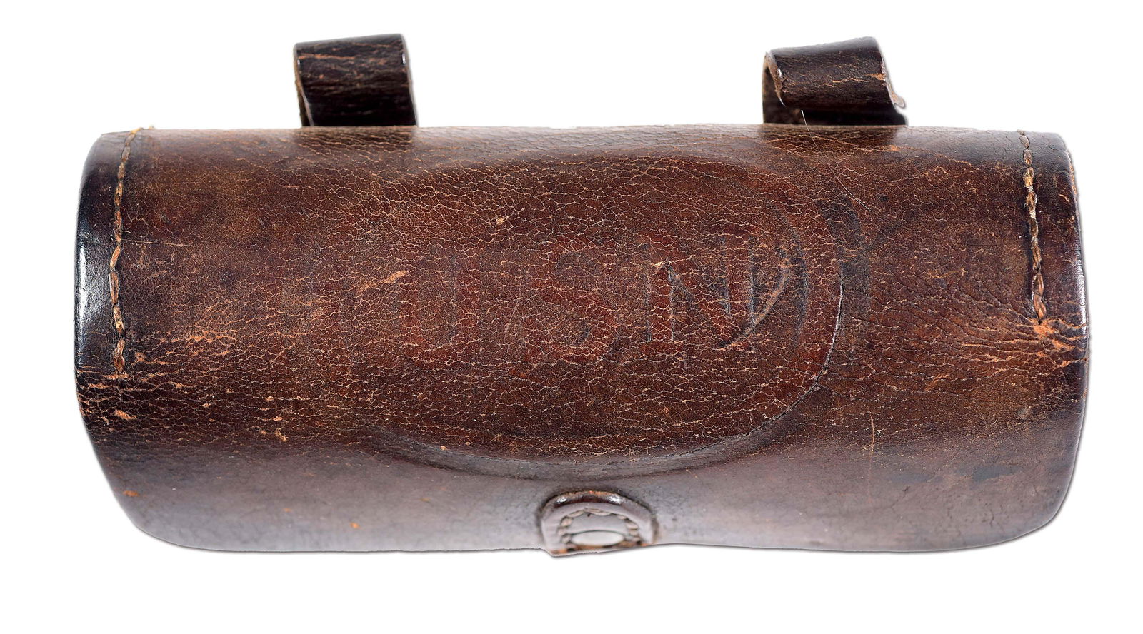 SPANISH AMERICAN WAR USN 1889 PATTERN NAVY CARTRIDGE: Standard model 1889 USN cartridge box. Embossed "USN" on the flap, and "USN" marked on the brass snap. Wood insert. What makes this one special is that it is accompanied by the original wood spindles