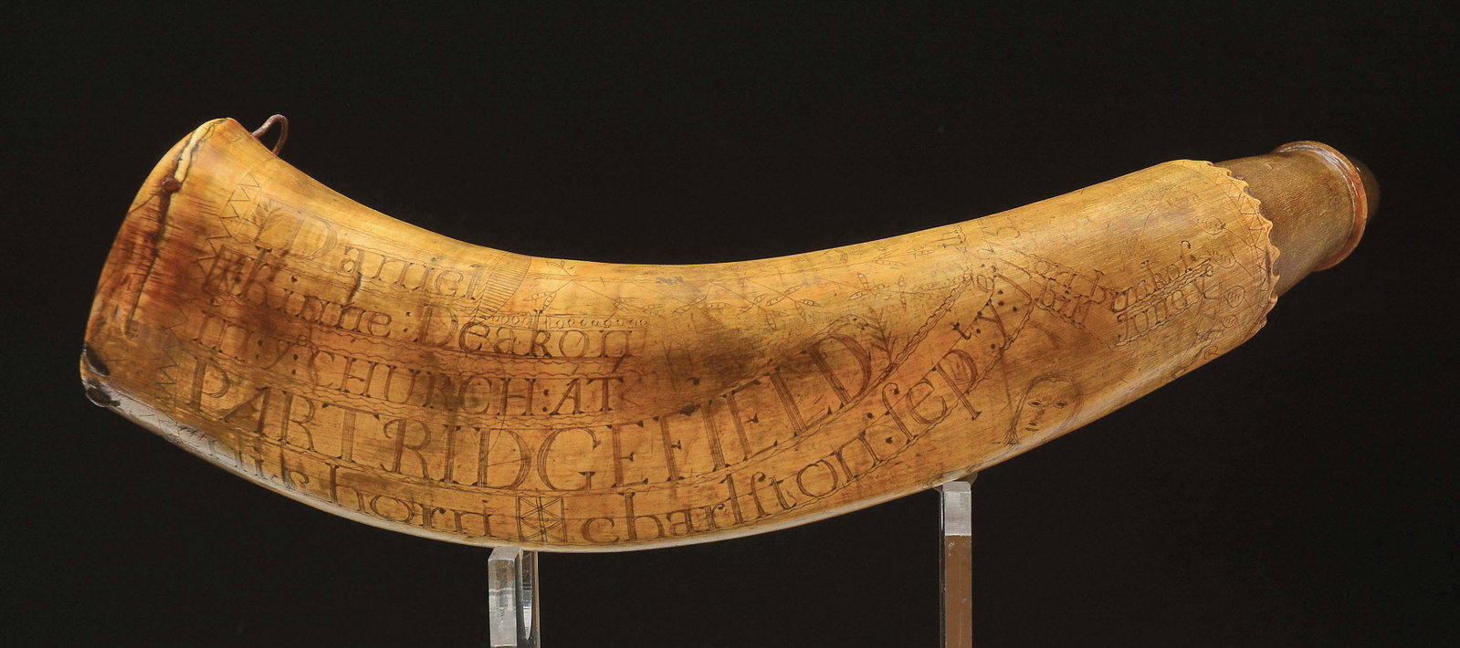 Important Historic Bunker Hill Engraved Powder Horn of: Daniel Kinne (or Kinney), of Partridgefield (now Peru), Massachusetts, enlisted on May 5, 1775 in Captain Nathan Watkin’s Company(Berkshire County), of Colonel John Patterson’s Regiment, later kno