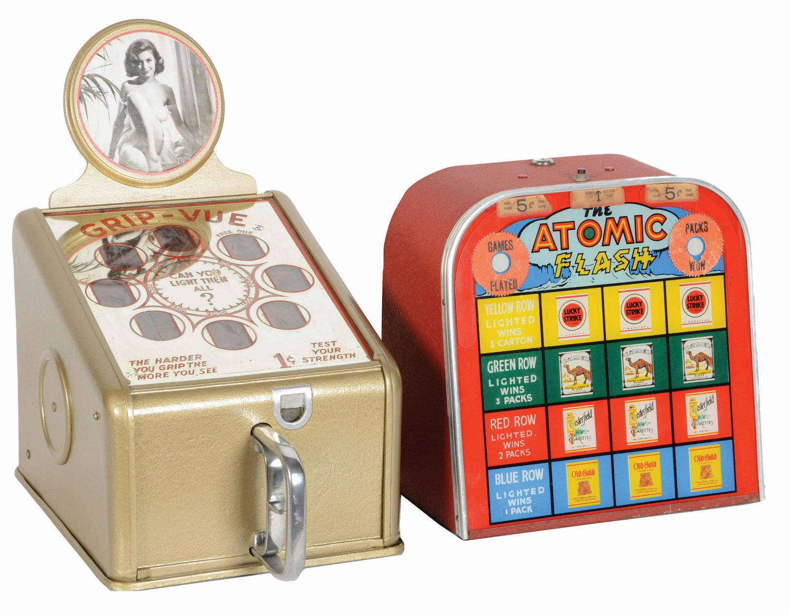 LOT OF 2: "GRIP-VUE" STRENGTH TESTER AND "ATOMIC FLASH": Lot consists of a pair of counter top coin machines. The first is a Grip-Due "Test your strength" as indicated on the reverse glass display, detailed in red. The housing is cast-aluminum, painted in a