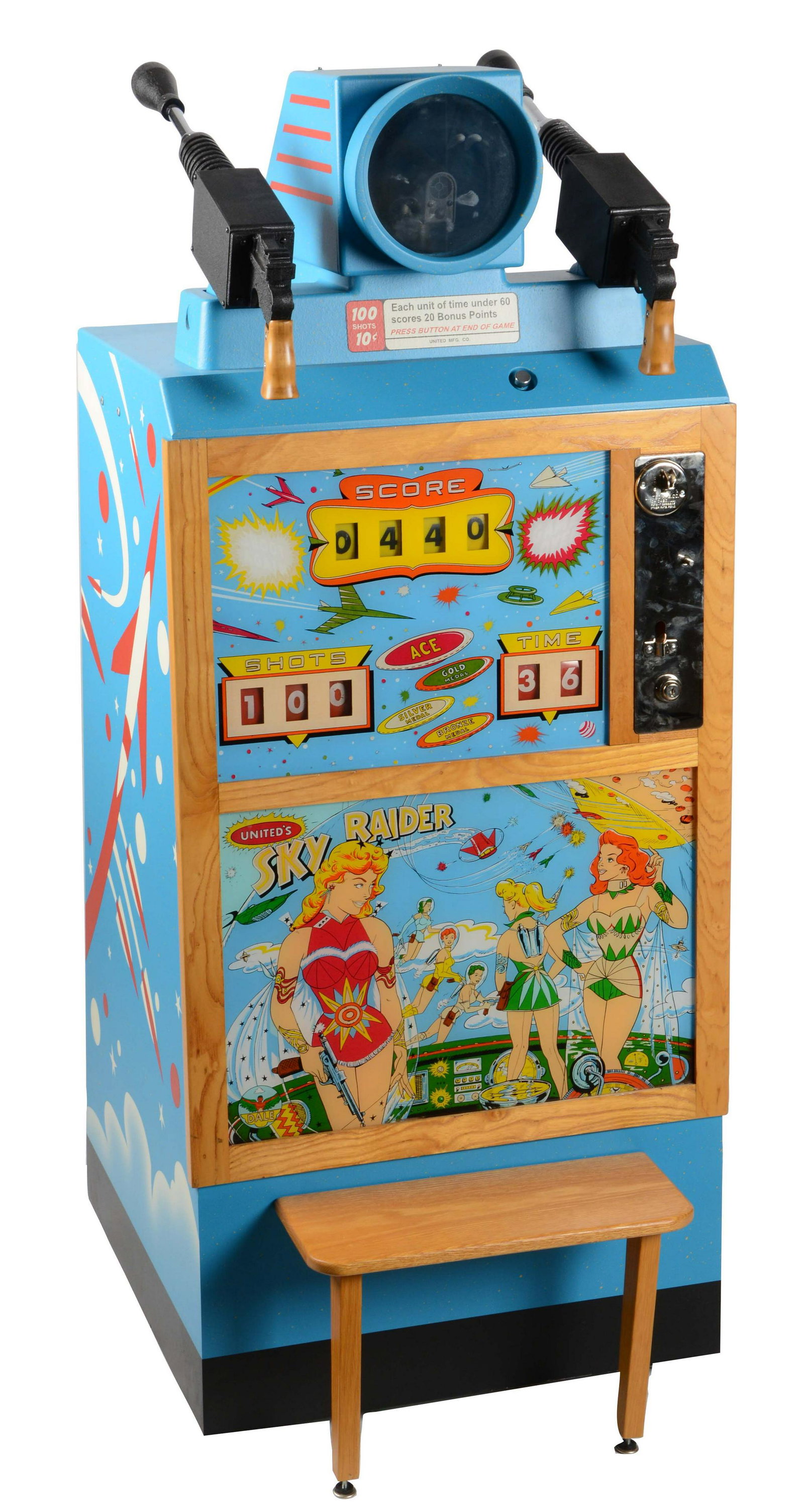 10¢ UNITED SKY RAIDER ARCADE GAME.: Though there are two fire cannons, this game requires only one player. At the center of the cabinet is a rotating drum that contains a bright incandescent bulb. Fire the rocket-ships that fly through 