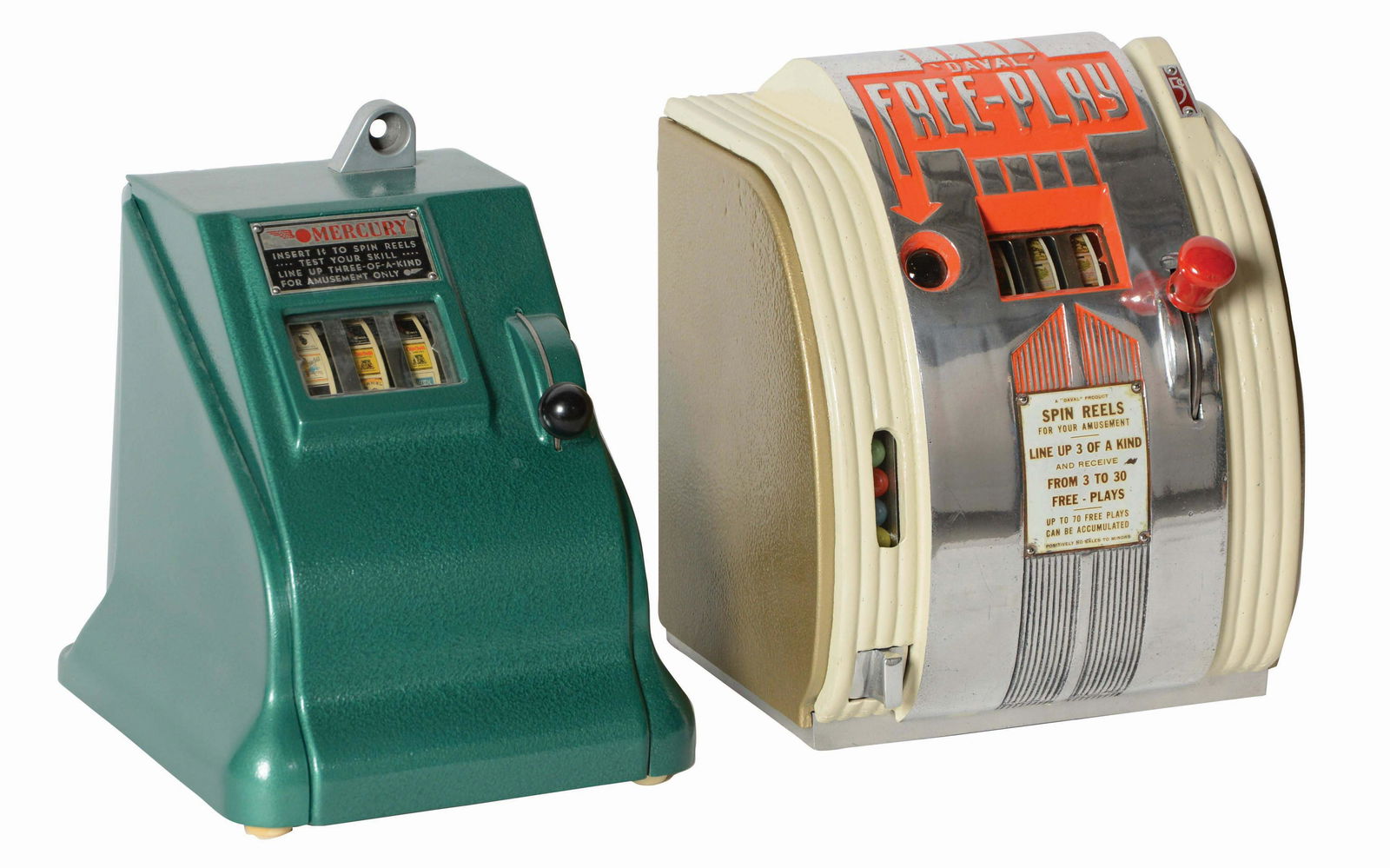 LOT OF 2: 1¢ GROETCHEN "MERCURY" & 5¢ DAVAL "FREE PLAY" (1 of 5)