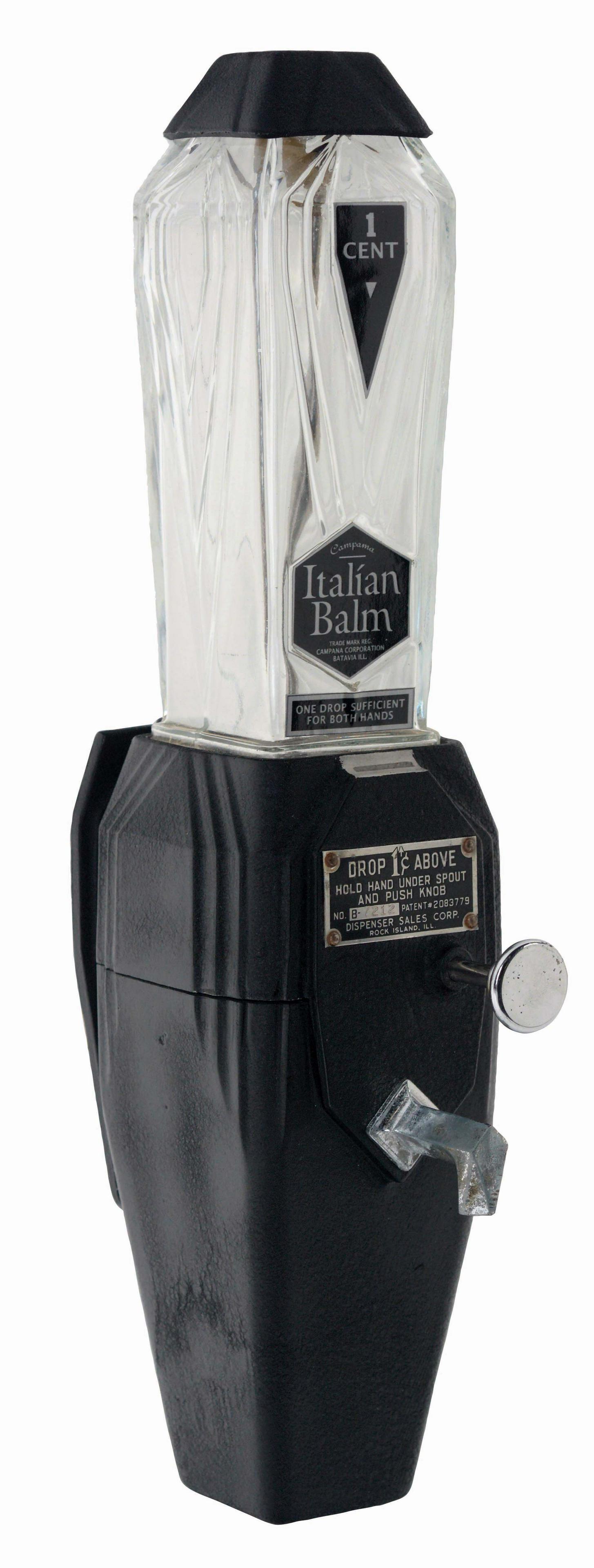 1¢ CAMPAMA ITALIAN BALM HAND CREAM VENDING MACHINE.: NOS version of this interesting vending machine that dispenses a serving of liquid hand cream for 1¢. New old stock and in near mint condition with mounting bracket. Lotion Dispenser Co. Has keys. De