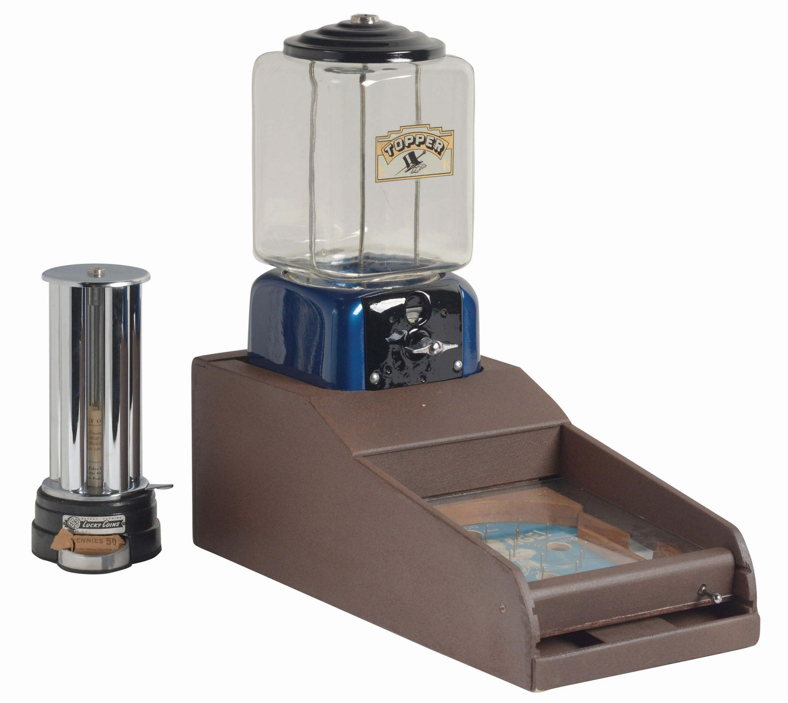 LOT OF 2: VICTOR TOPPER ATOMIC AGE GUM GAME AND LUCKY: Lot of two machines. The first is a Victor Topper Atomic Age Gum Game in all-original condition, working and with keys. The second is a Lucky Coins change receiver in mint condition. Keys: Yes Conditi