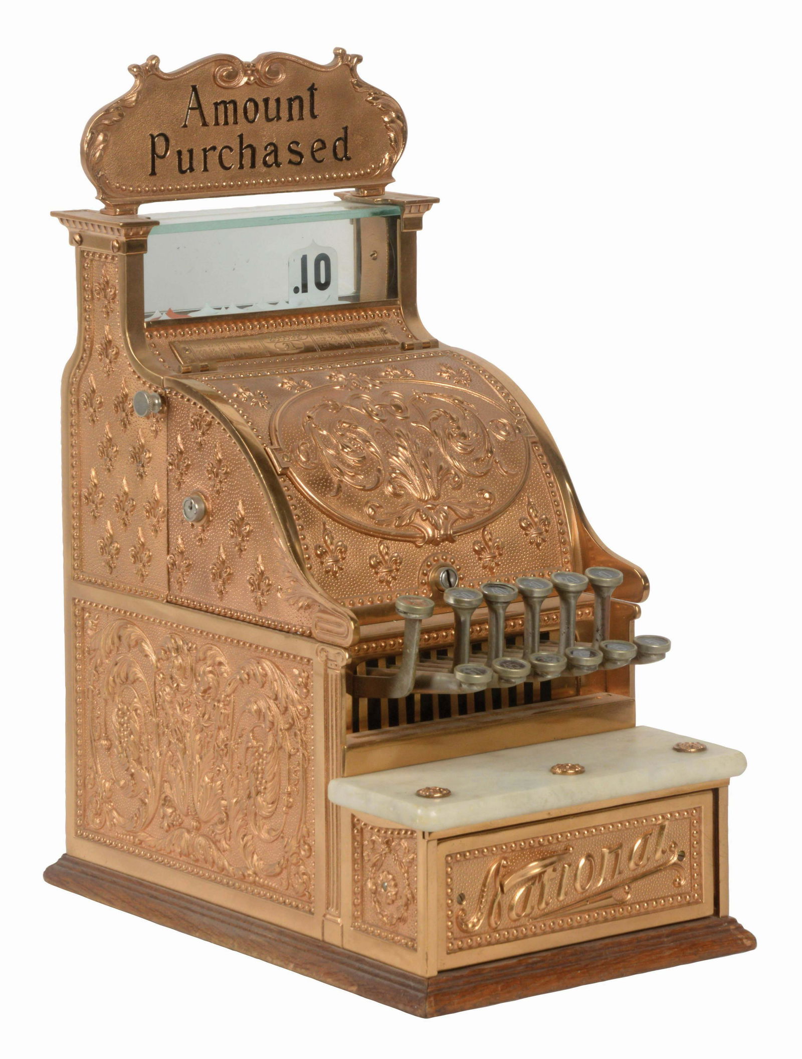 NATIONAL CASH REGISTER CO. MODEL #31.: National Cash Register Co. model #31 is a restored red brass candy store register with original top sign reading "AMOUNT PURCHASED". Serial number 255592. Condition (Restored) Dimensions 20 - 1/2" x 9