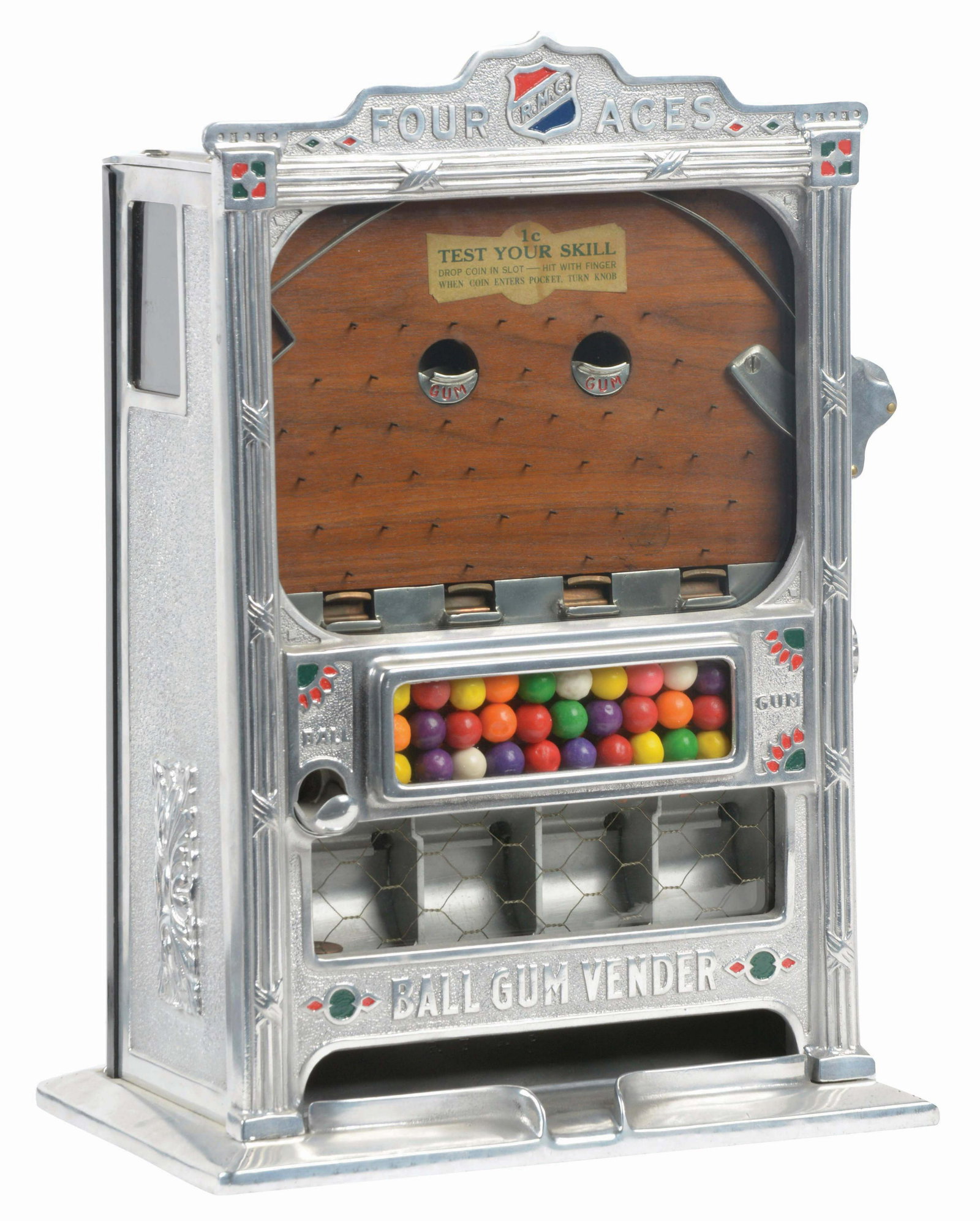 1¢ ROCK-OLA MFG. FOUR ACES COUNTER POCKET TRADE: This counter top coin-flip features four jackpots and a gum ball vendor. In excellent, restored condition. Includes a key. Circa 1932.Keys: Yes Condition (Restored). Dimensions 8-1/2"D x 12"W x 16-1/2