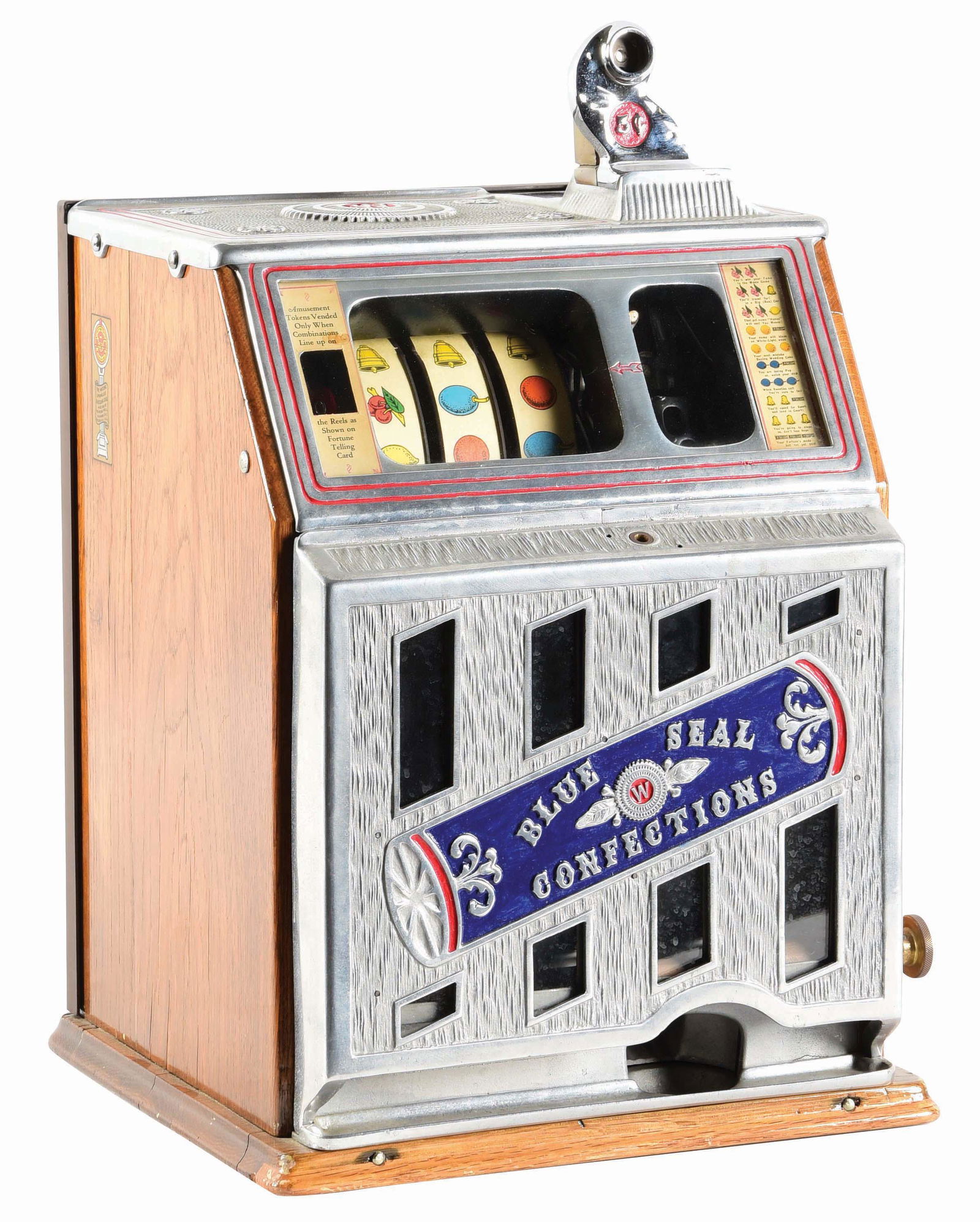 5¢ WATLING BLUE SEAL CONFECTIONS FRONT VENDOR SLOT: This is an aluminum slot machine with paint that appears replaced along the front of the exterior showing minor wear. The incorporated features are a front vendor, gooseneck bell and the original reel