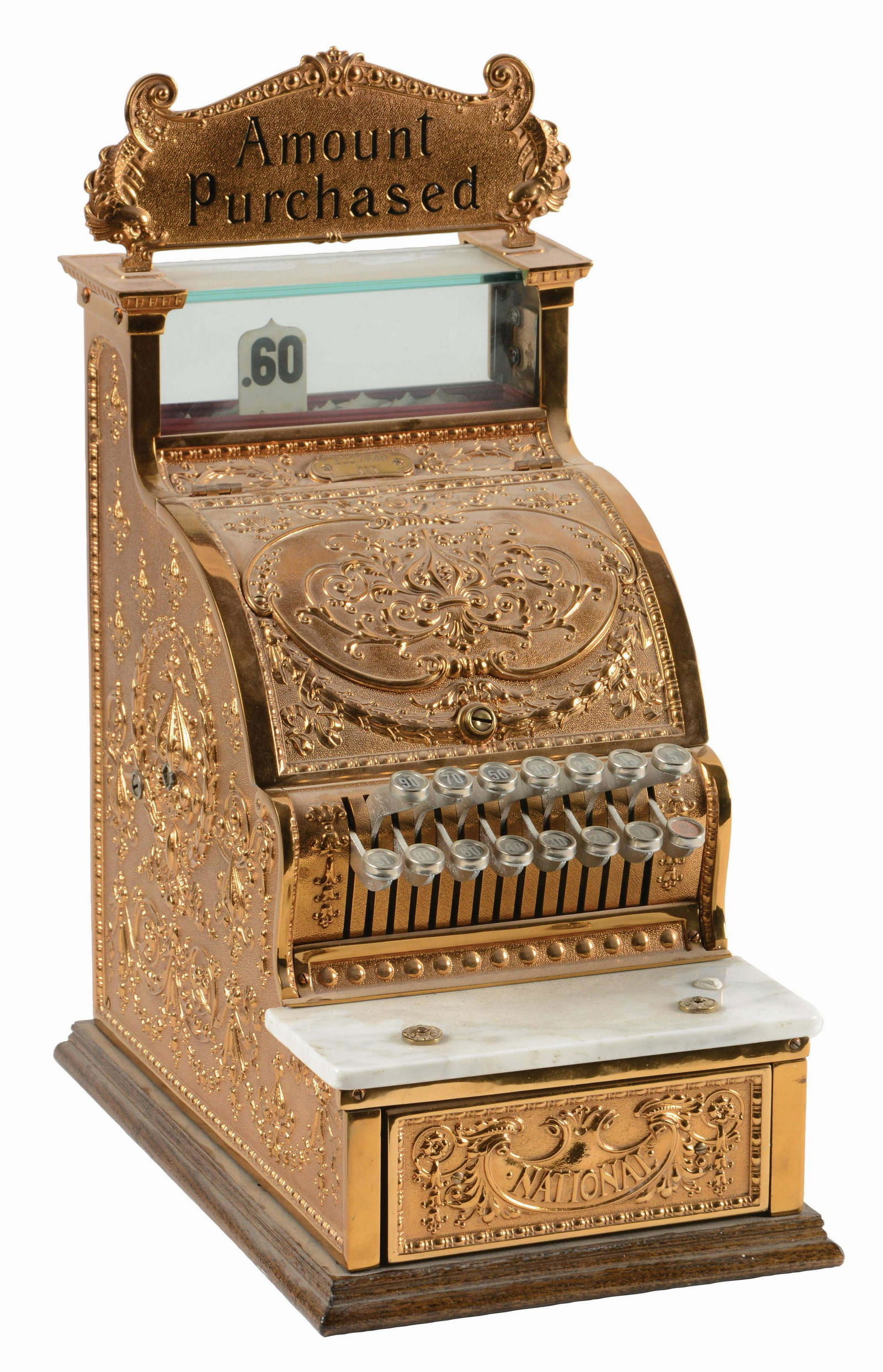 NATIONAL CASH REGISTER CO. MODEL #313.: National Cash Register Co. model #313 is a restored red brass candy store register with original top sign reading "AMOUNT PURCHASED". Serial number 1227649. Condition (Restored) Dimensions 21 - 1/2" x