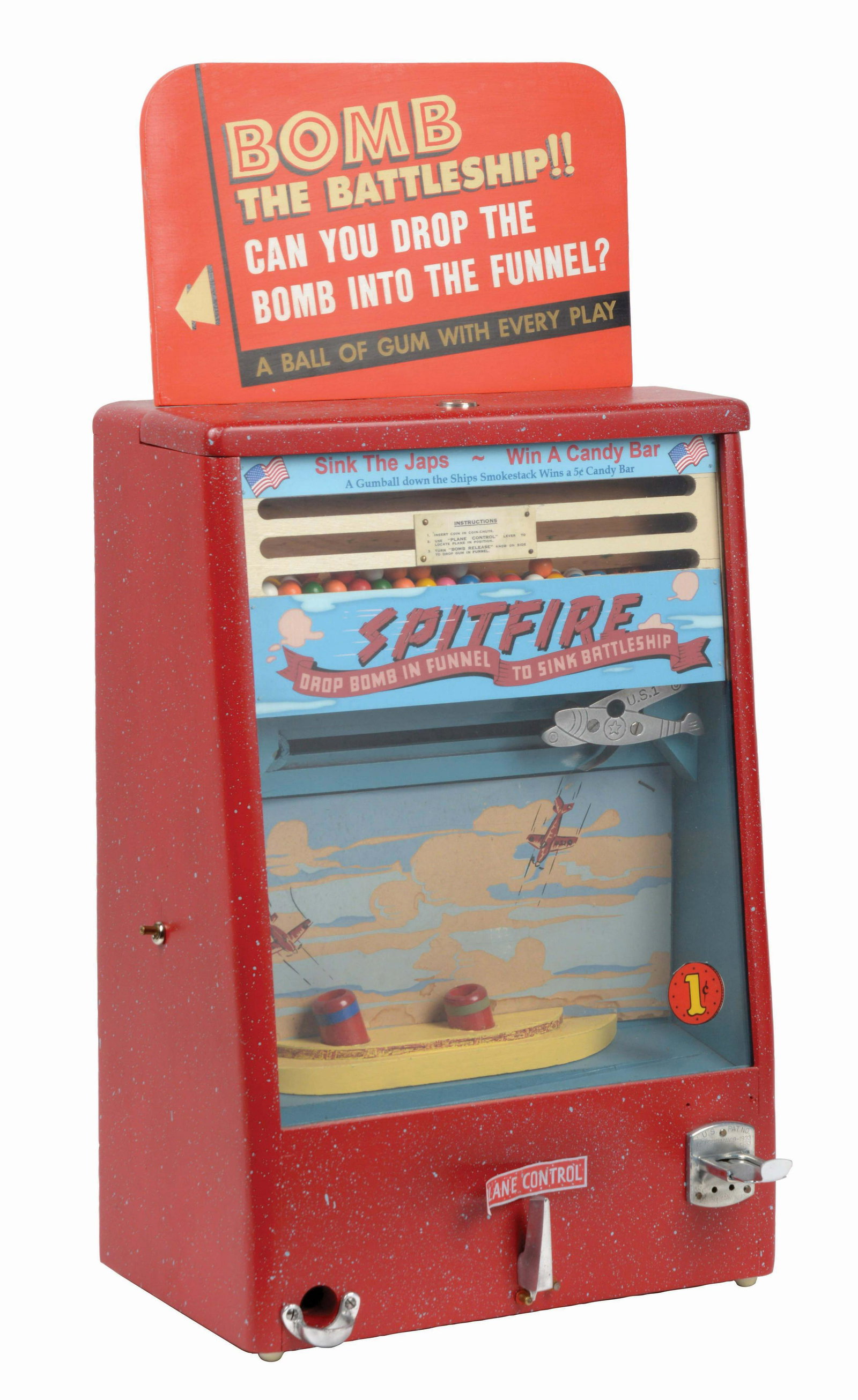 1¢ SCIENTIFIC MACHINECOMPANY "SPITFIRE" COUNTERTOP: The Spitfire has a red wooden cabinet with a speckled paint design, also showing some loss of color and a few chips. The front lever controls the movements of the plane and the knob to the right relea