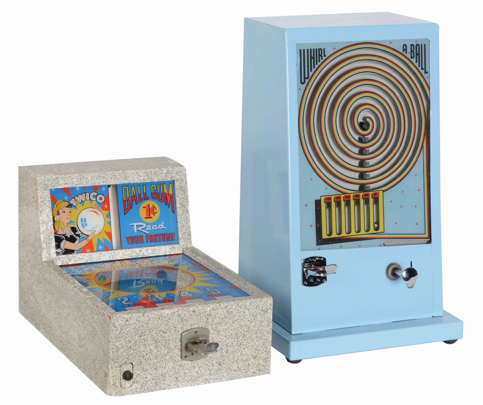 LOT OF 2: TWICO AND 1¢ LINBRITE "WHIRL A BALL": A pair of counter top games of skill. The first is made by Twico Corp. of Chicago in 1957. Paint has a white base and a speckled finish with decals still vibrant. There is a pull-out bar on the left-b