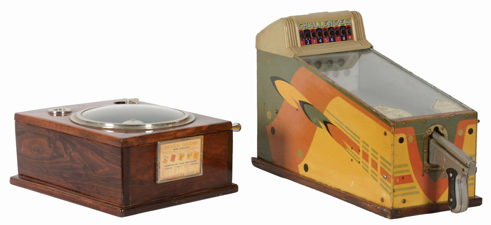 LOT OF 2: SEVEN GRAND DICE TRADE STIMULATOR &: A pair of counter top coin-op games. First is a "Seven Grand" one dice game. Beautiful mahogany case with original award card and cast components. Working with key. Second is an all original Challenge