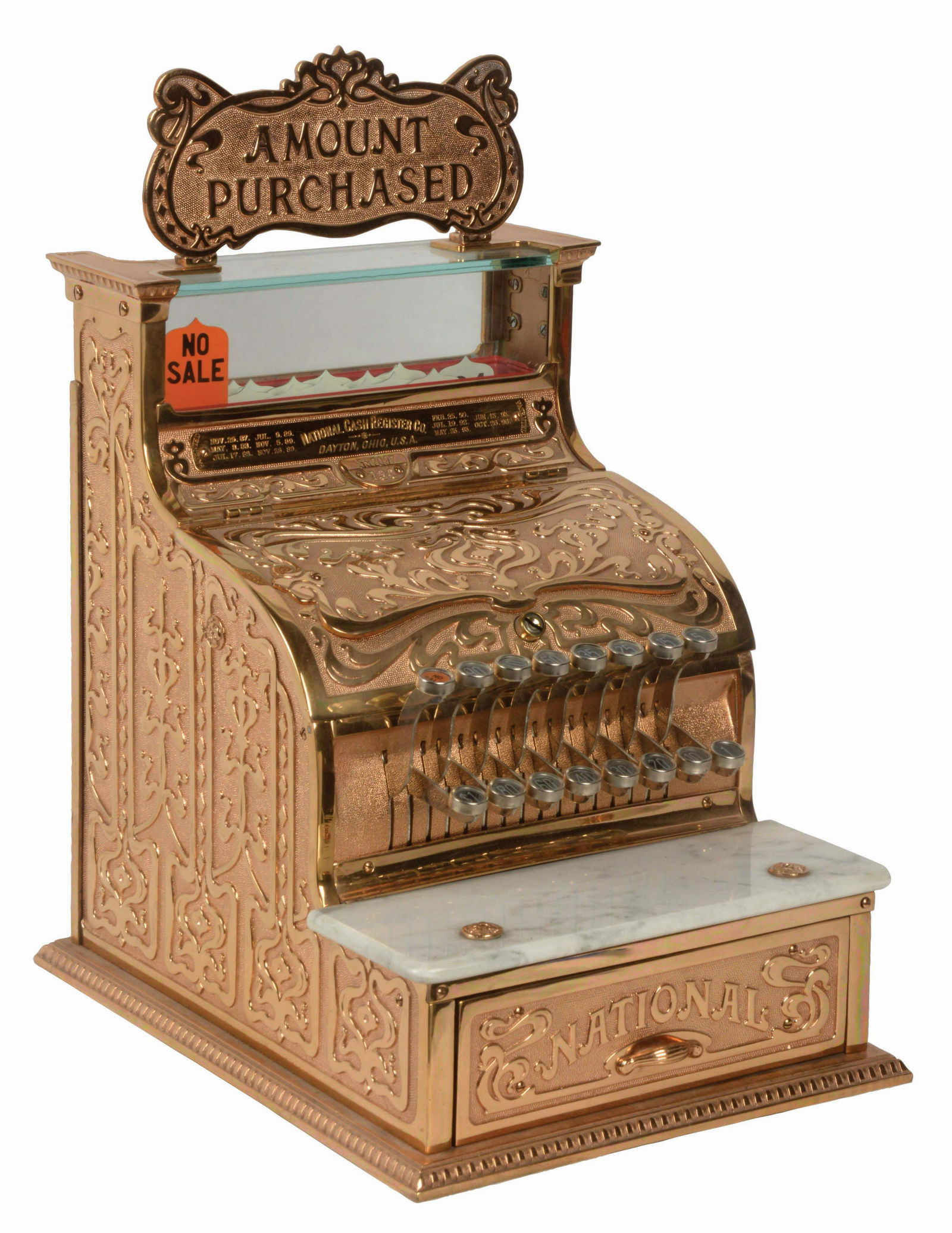 NATIONAL CASH REGISTER CO. MODEL #130.: National Cash Register Model Co. #130 is a restored red bronze candy store style register with scroll pattern, original top sign reading "AMOUNT PURCHASED" and original breast plate with raised letter