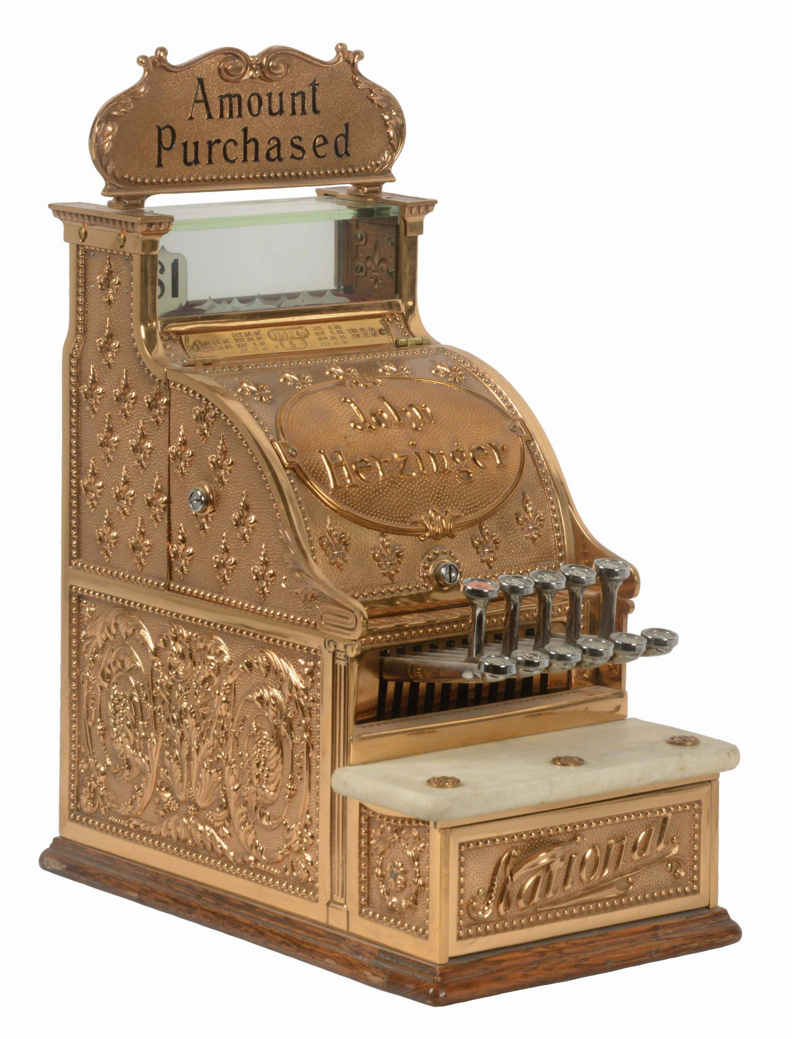 NATIONAL CASH REGISTER CO. MODEL #5.: National Cash Register Co. model #5 is a restored red brass candy store cash register with Fleur-de-Lis pattern and original top sign reading "AMOUNT PURCHASED" and personalized raised-letter breast p
