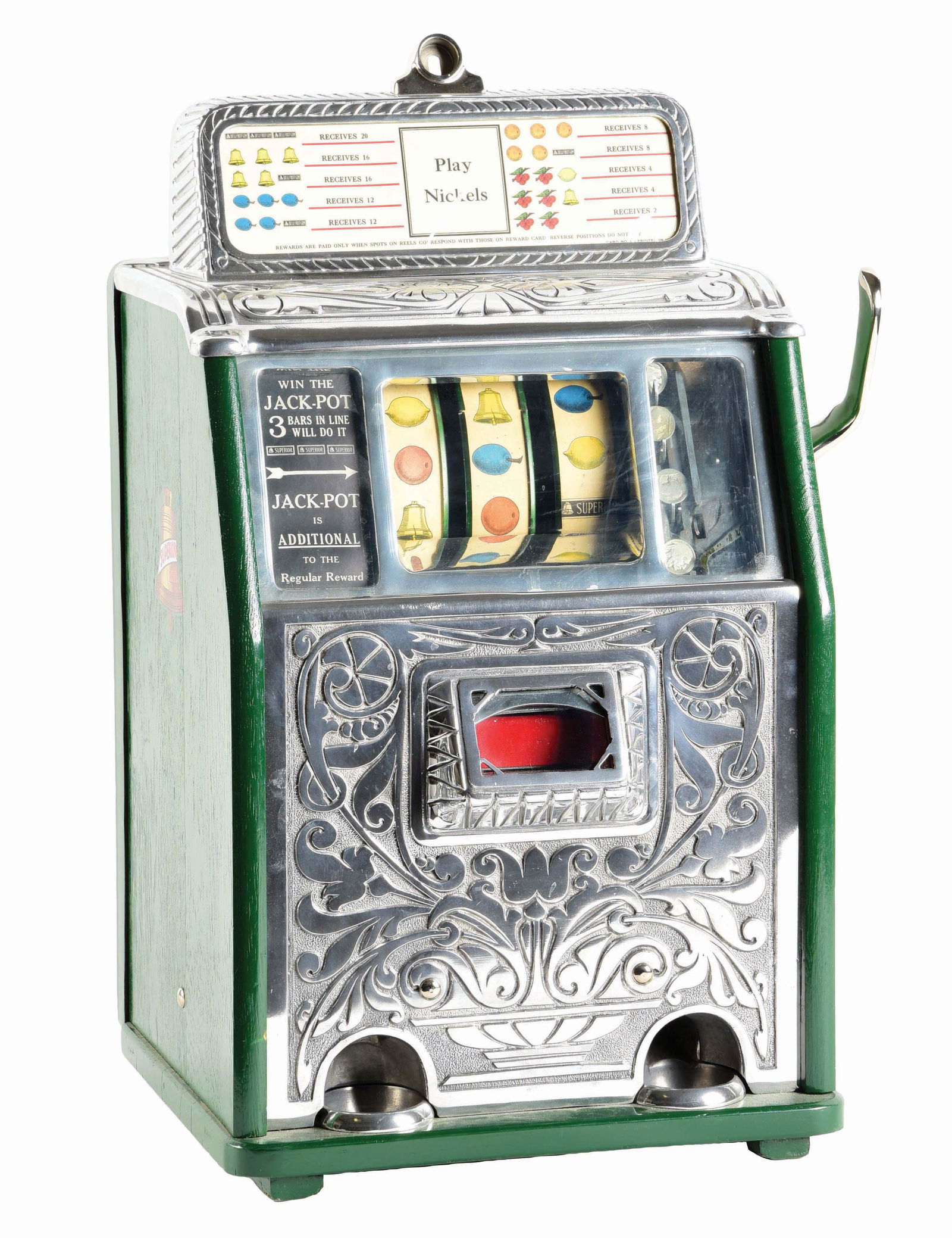 5¢ CALLE SUPERIOR JACKPOT BELL SLOT MACHINE.: Caille three reel version of the Superior Jackpot Bell slot machine. Green painted case and polished front casting, with original reel strips and award card. Plays and pays. Has key. Keys: Yes Conditi